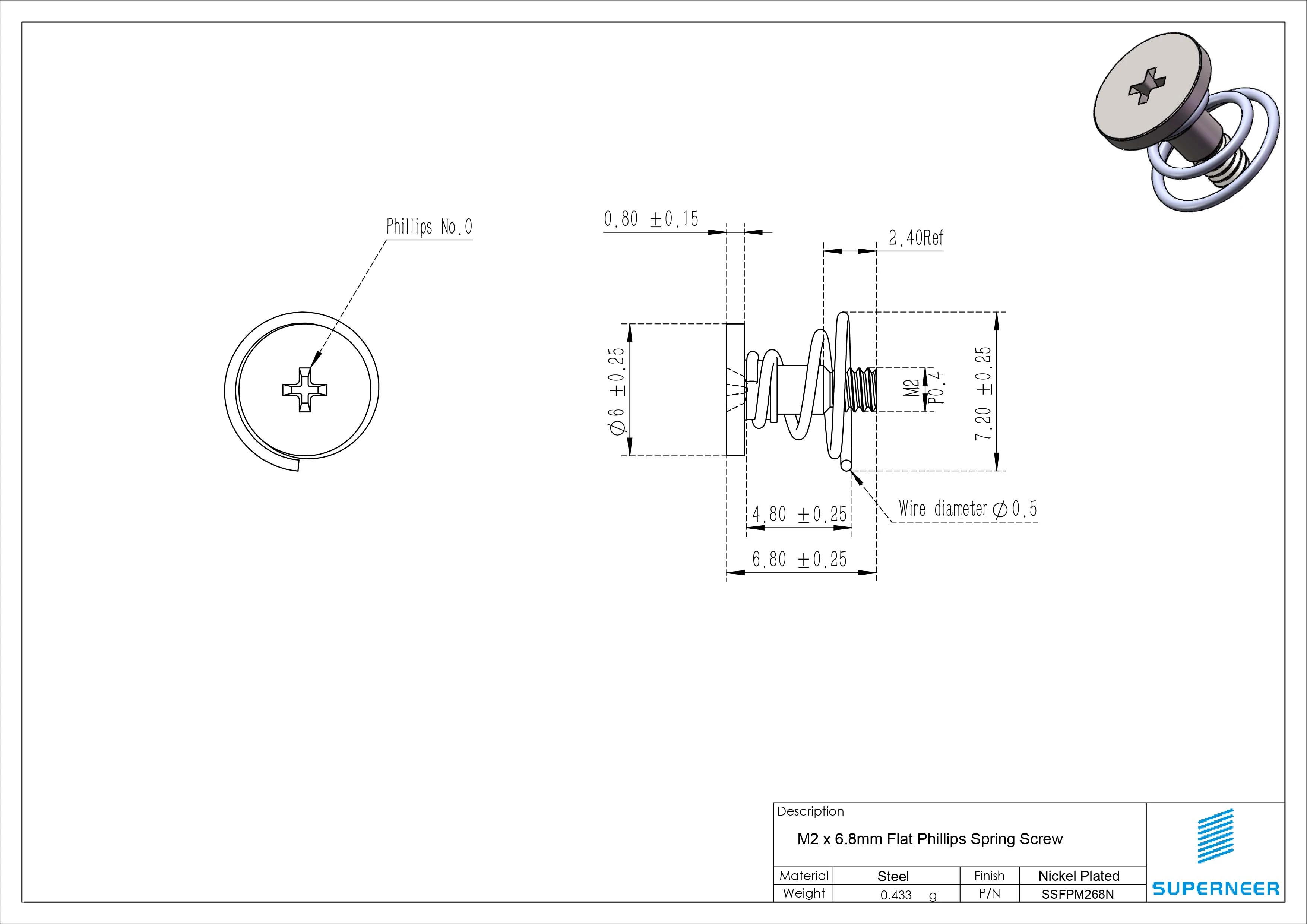 M2 x 6.8mm Flat Phillips Spring Screw Steel Nickel Plated