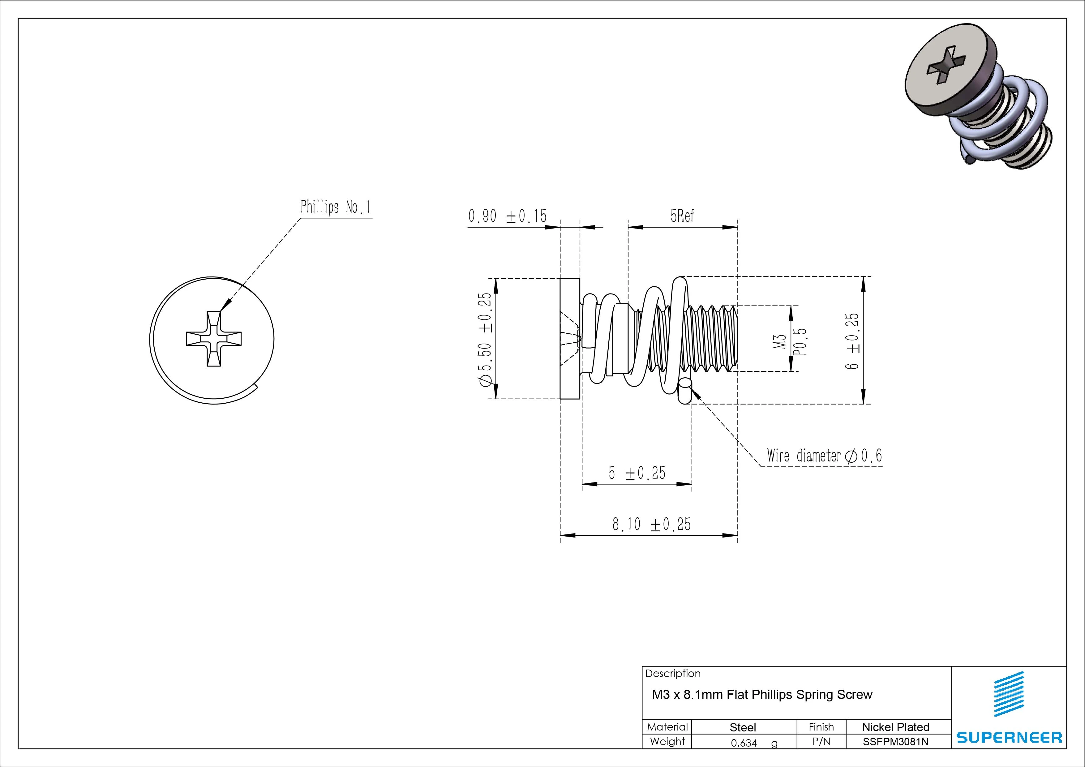 M3 x 8.1mm Flat Phillips Spring Screw Steel Nickel Plated