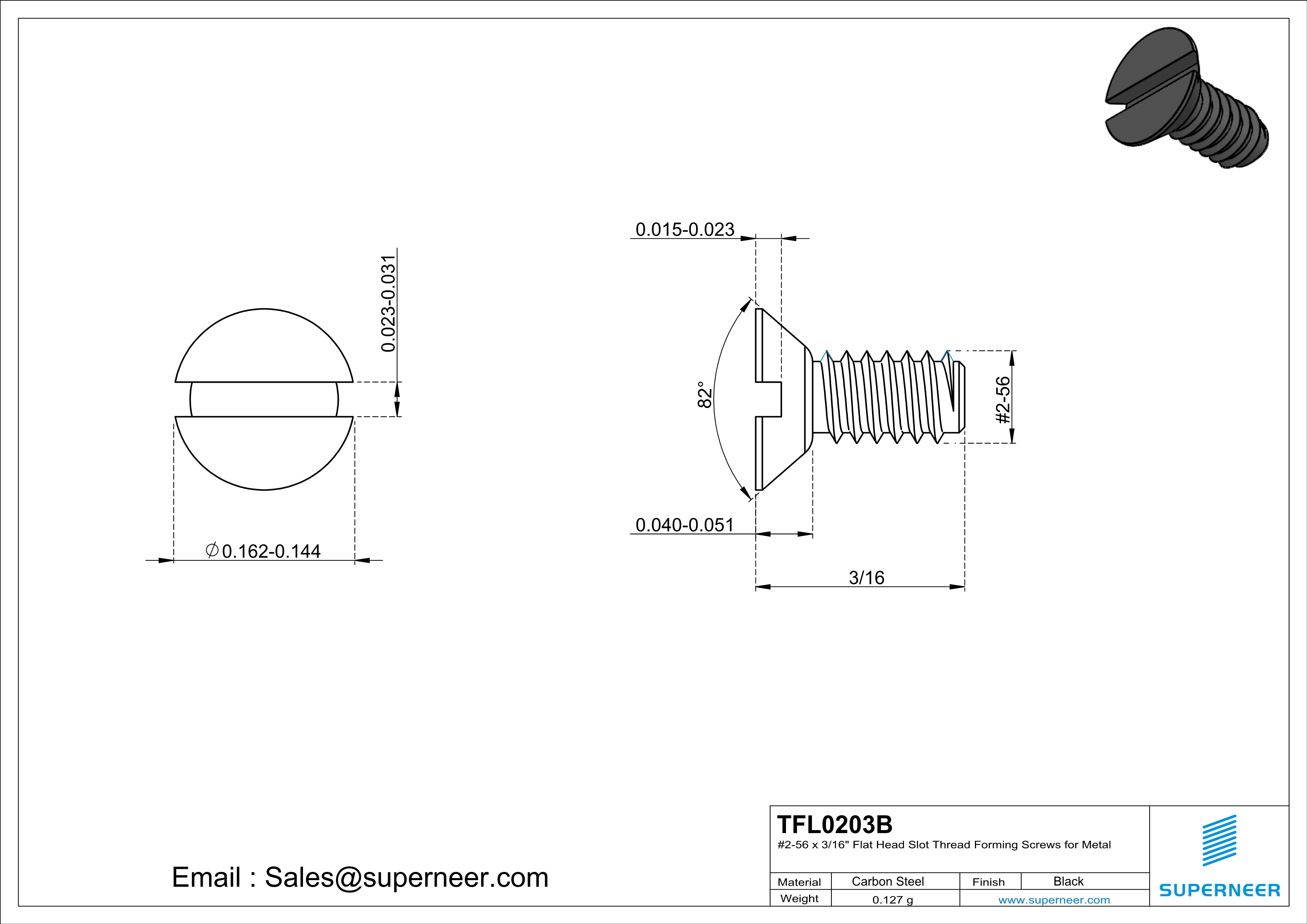 2-56 × 3/16 Flat Head Slot Thread Forming  Screws for Metal  Steel Black
