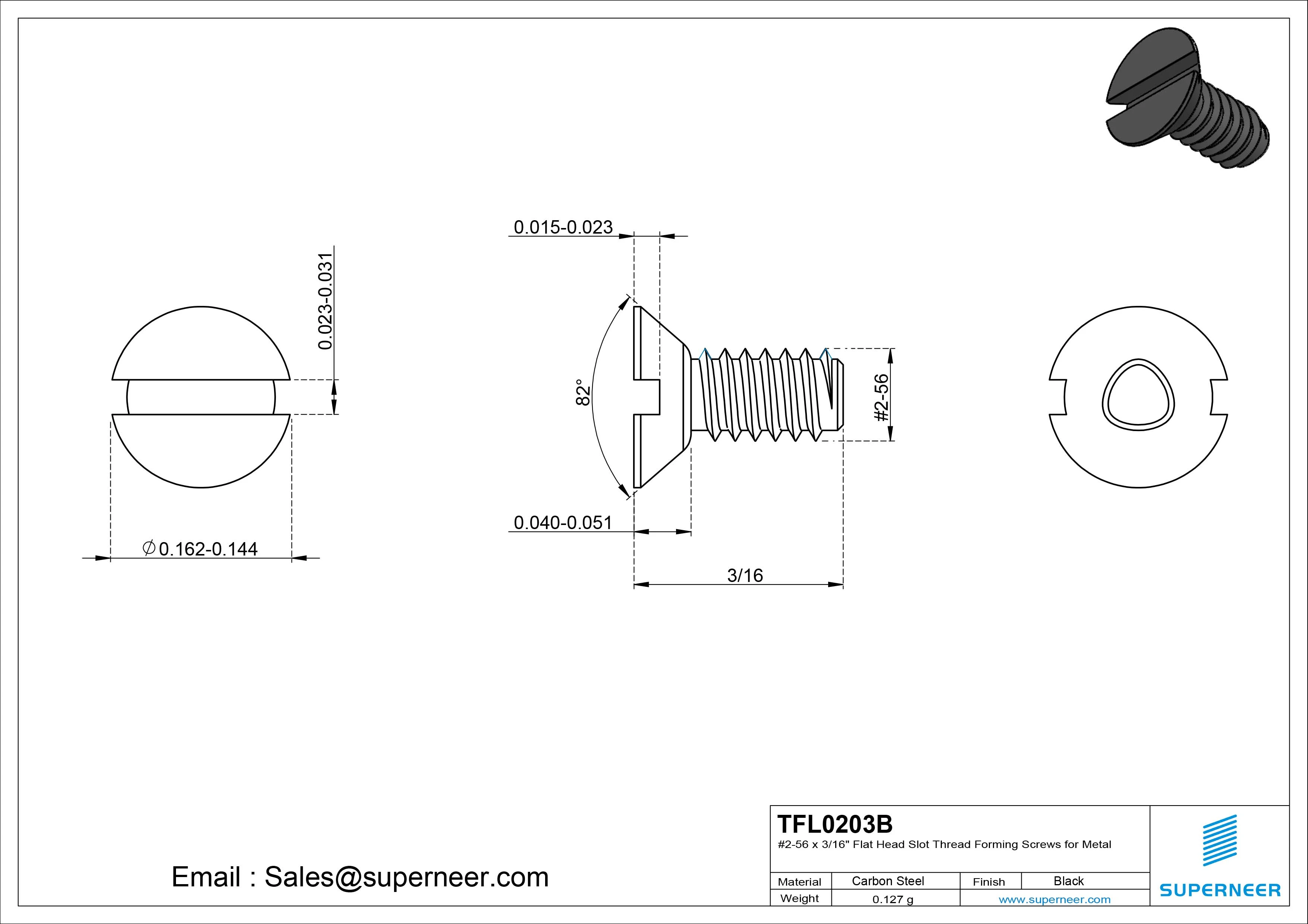 2-56 × 3/16 Flat Head Slot Thread Forming  Screws for Metal  Steel Black