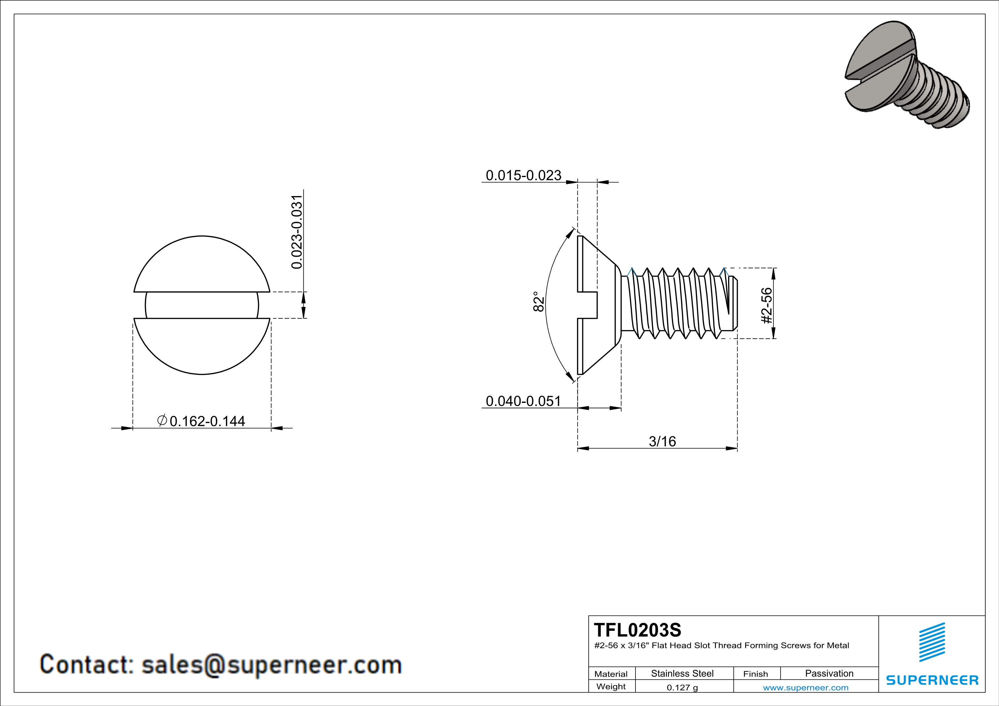 2-56 × 3/16 Flat Head Slot Thread Forming  Screws for Metal  SUS304 Stainless Steel Inox