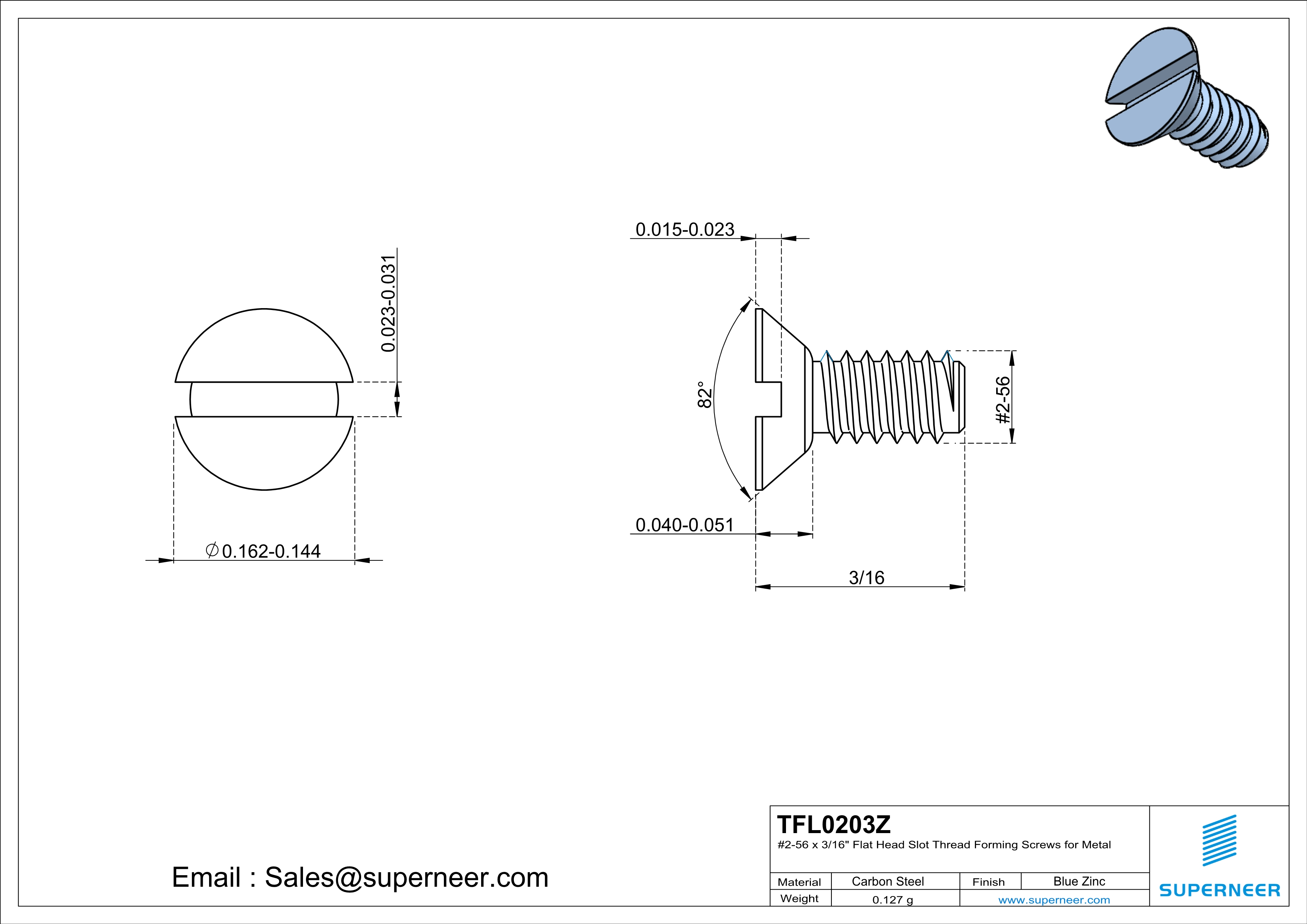 2-56 × 3/16 Flat Head Slot Thread Forming  Screws for Metal  Steel Blue Zinc Plated