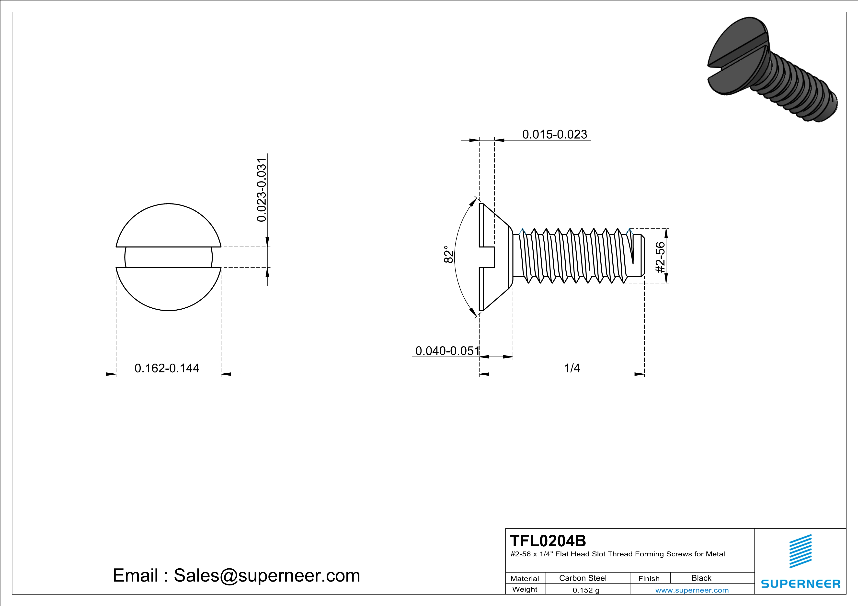 2-56 × 1/4 Flat Head Slot Thread Forming  Screws for Metal  Steel Black