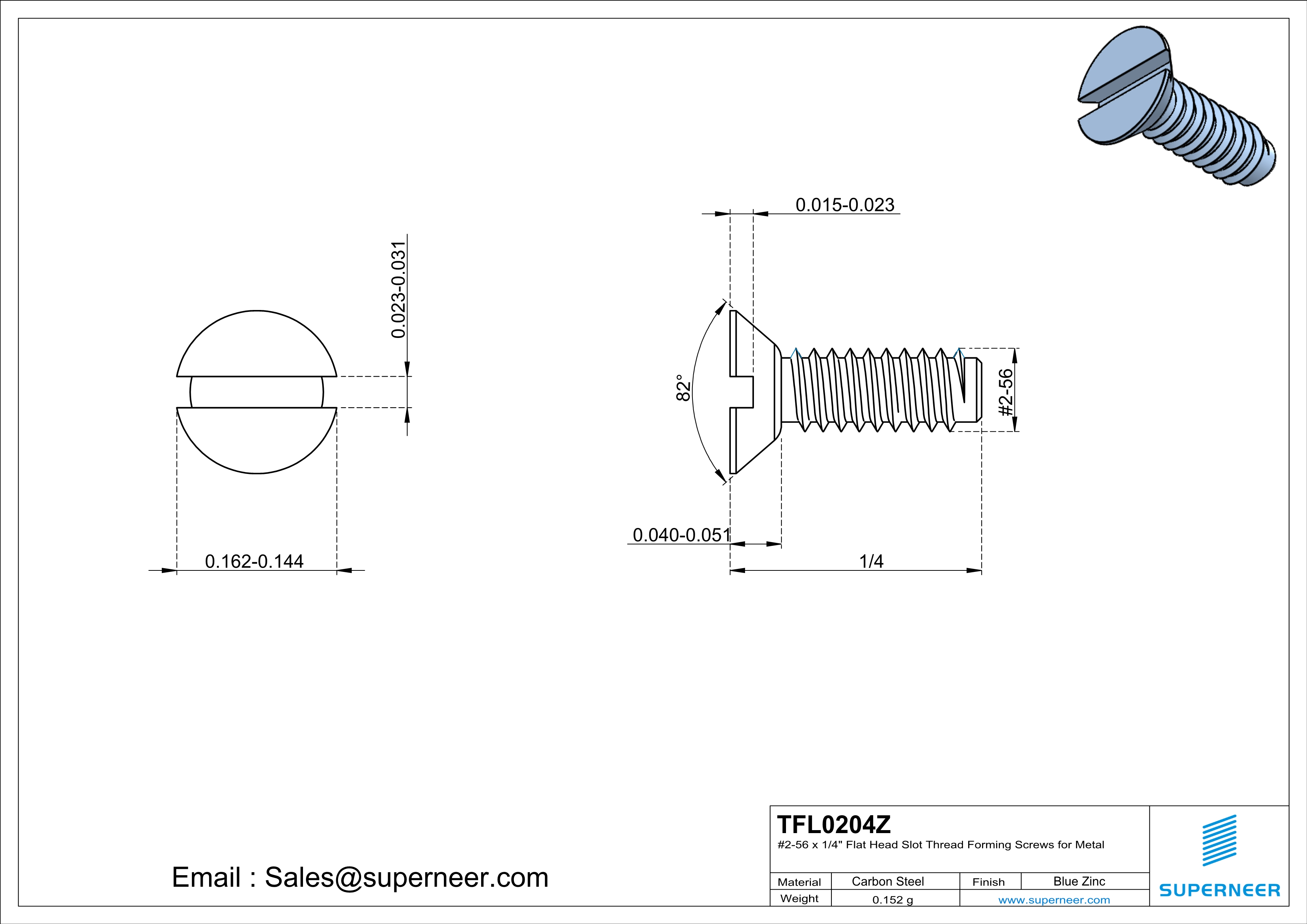 2-56 × 1/4 Flat Head Slot Thread Forming  Screws for Metal  Steel Blue Zinc Plated