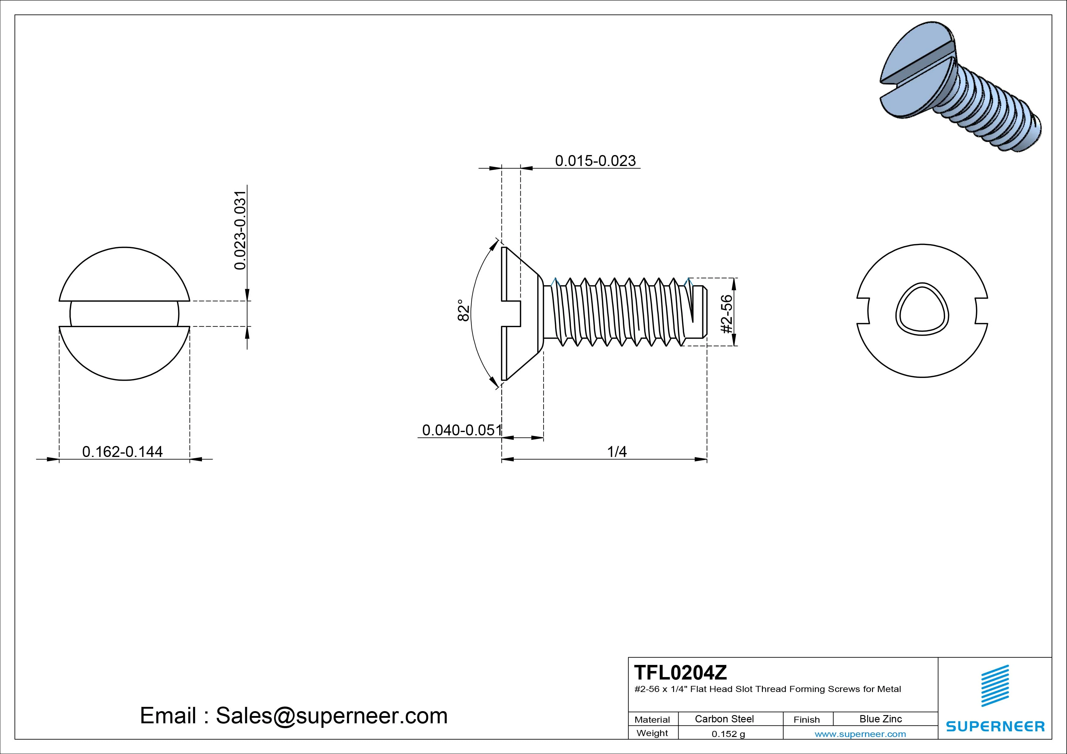 2-56 × 1/4 Flat Head Slot Thread Forming  Screws for Metal  Steel Blue Zinc Plated