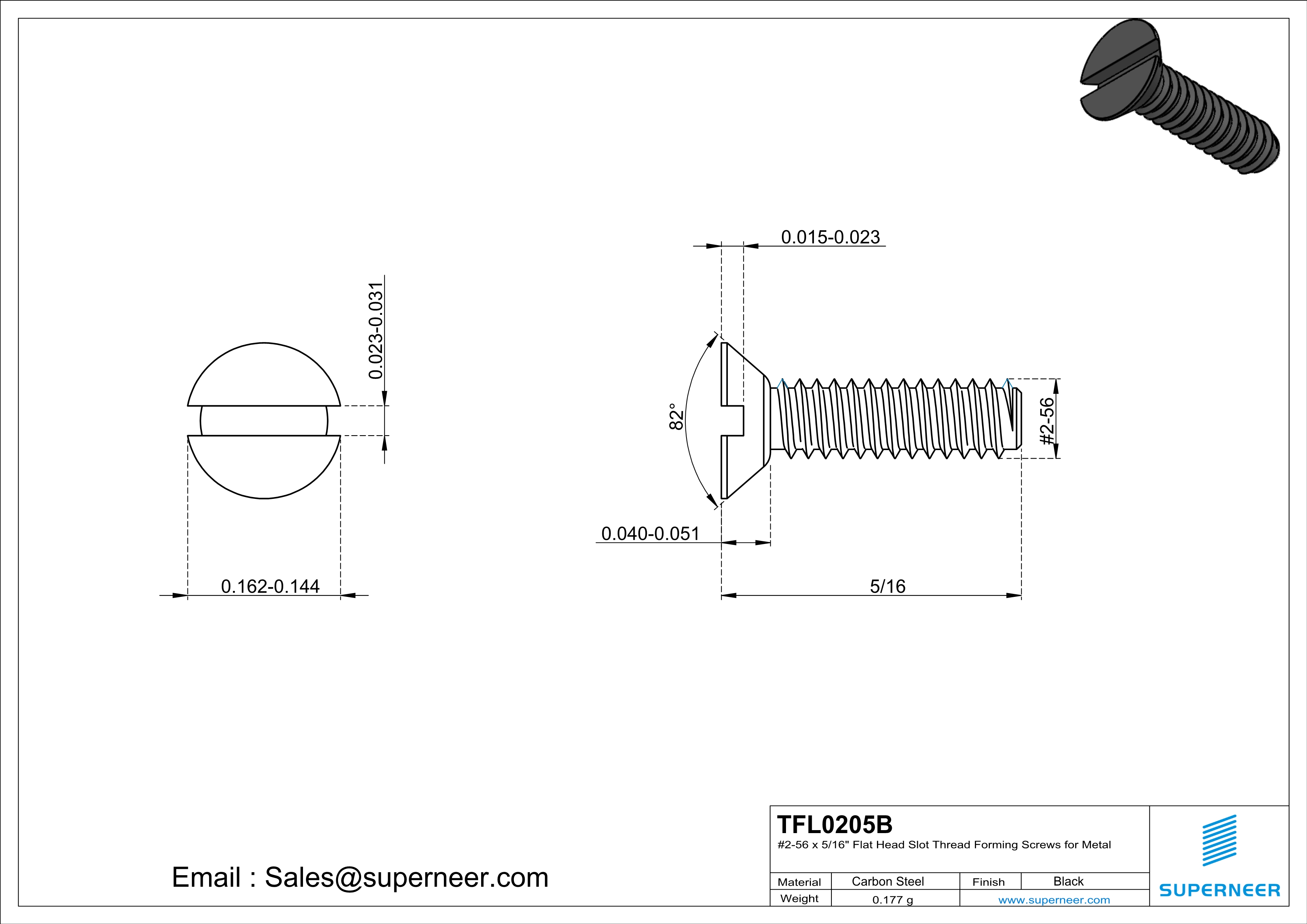 2-56 × 5/16 Flat Head Slot Thread Forming  Screws for Metal  Steel Black