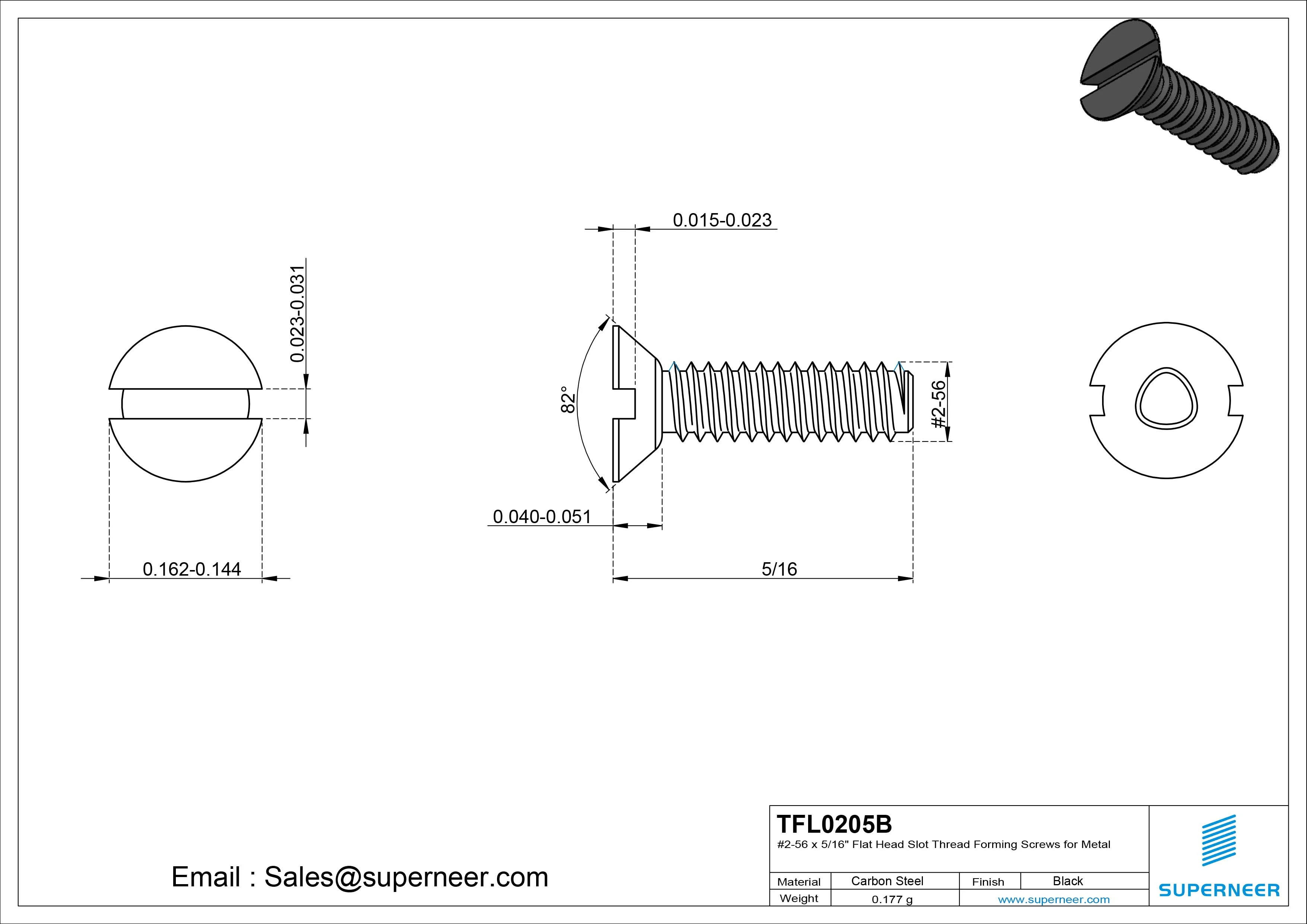 2-56 × 5/16 Flat Head Slot Thread Forming  Screws for Metal  Steel Black