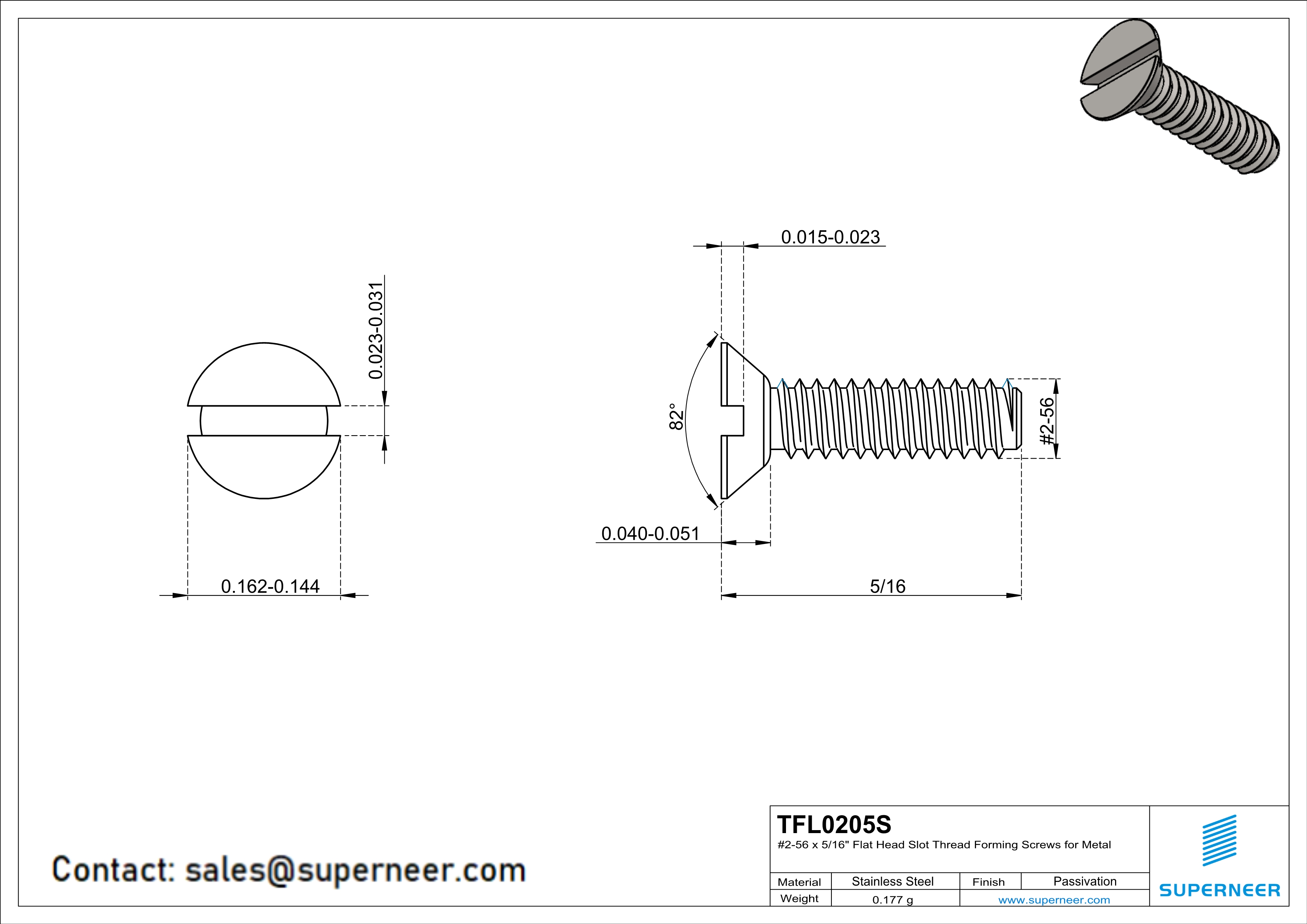 2-56 × 5/16 Flat Head Slot Thread Forming  Screws for Metal  SUS304 Stainless Steel Inox