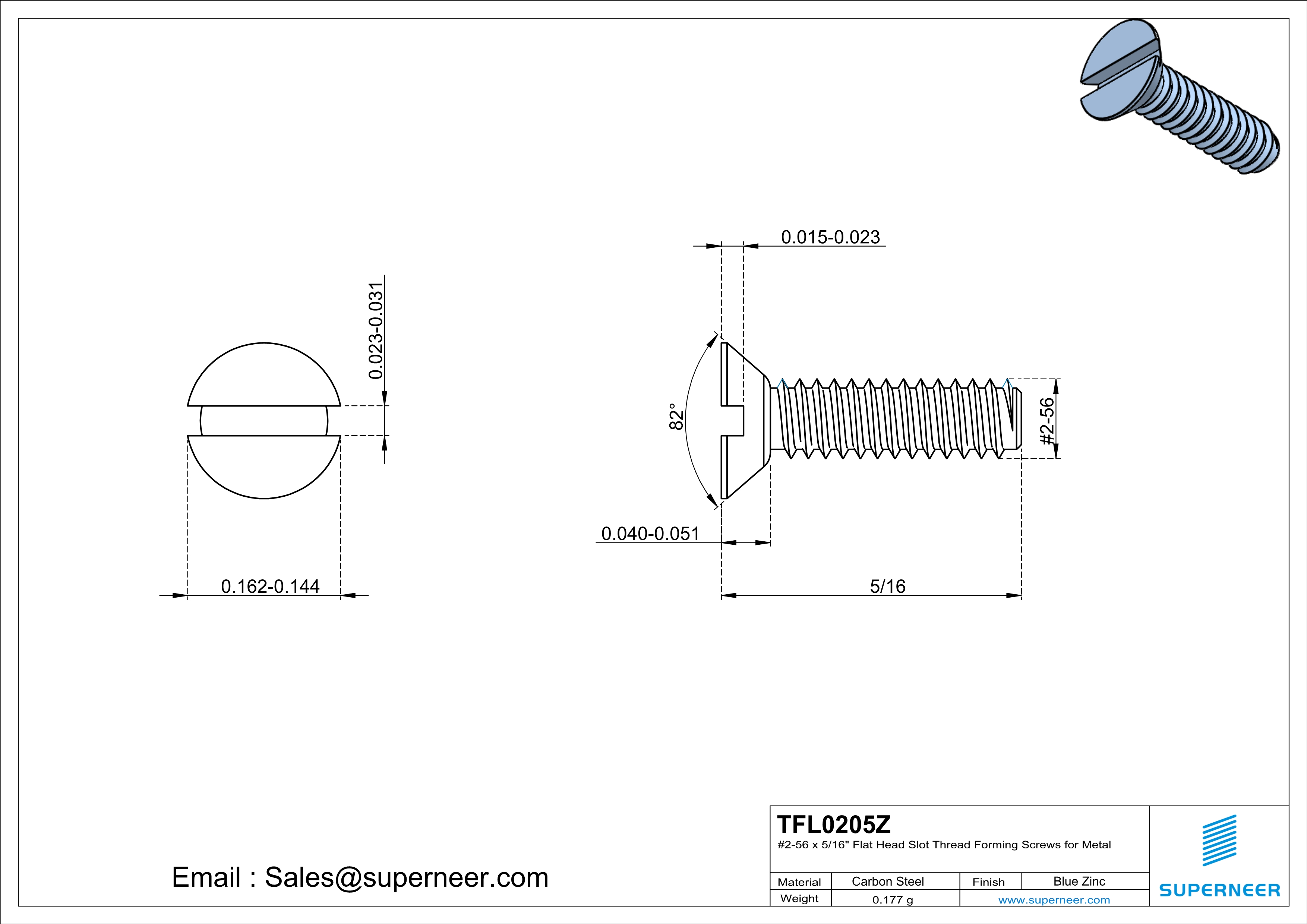 2-56 × 5/16 Flat Head Slot Thread Forming  Screws for Metal  Steel Blue Zinc Plated