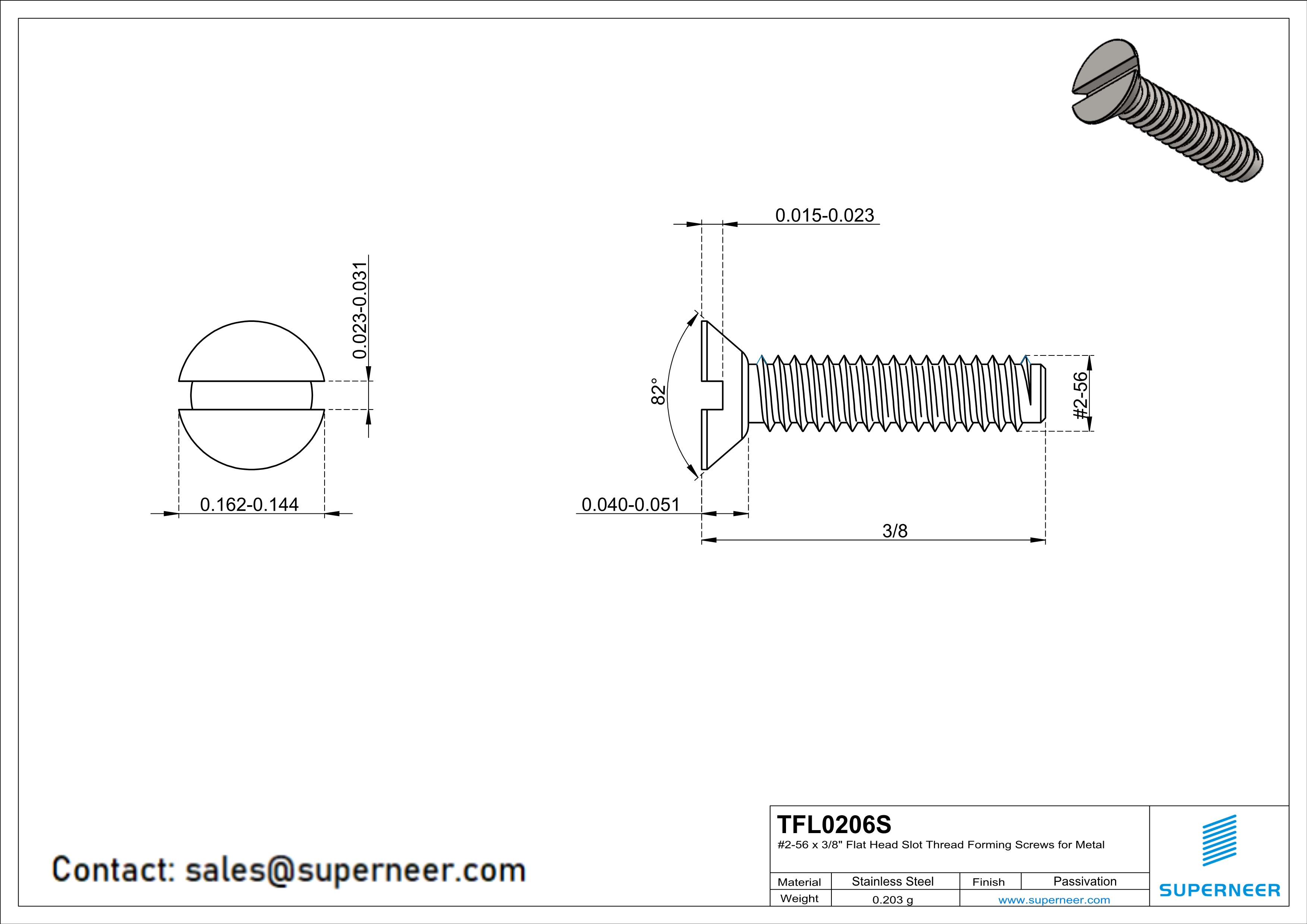2-56 × 3/8 Flat Head Slot Thread Forming  Screws for Metal  SUS304 Stainless Steel Inox