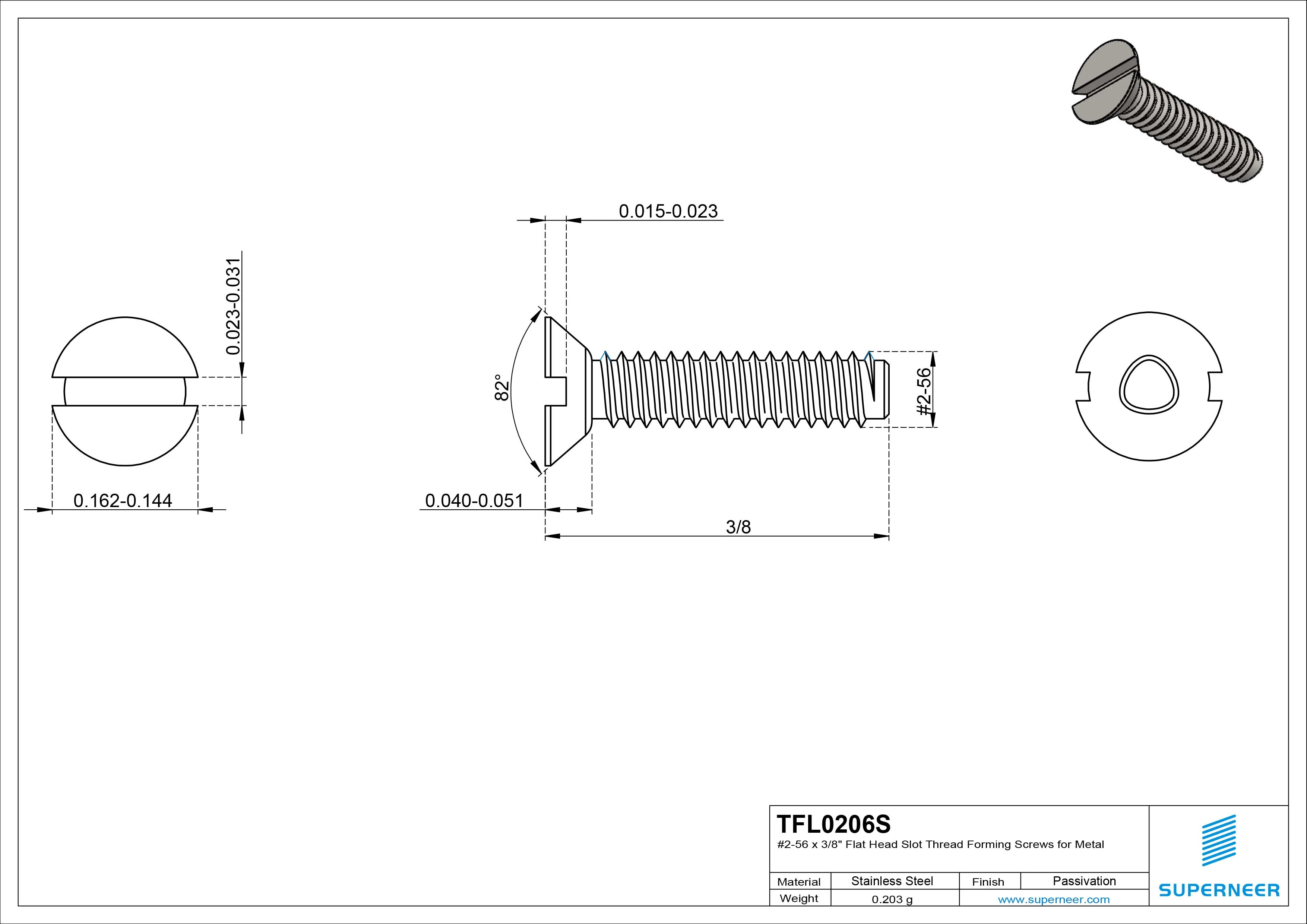 2-56 × 3/8 Flat Head Slot Thread Forming  Screws for Metal  SUS304 Stainless Steel Inox