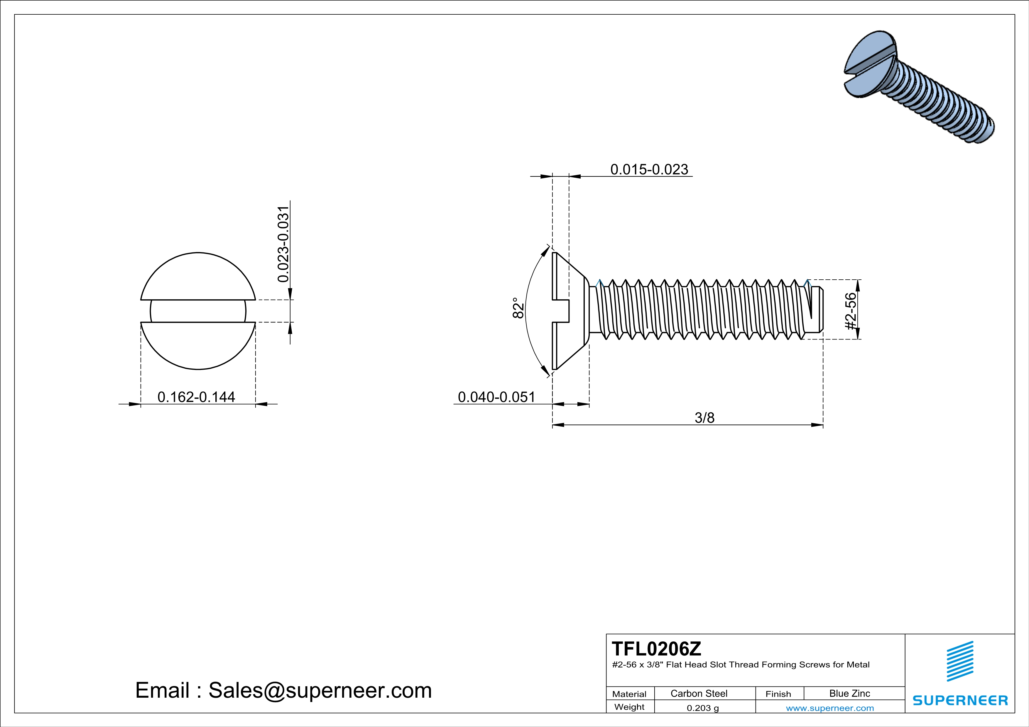 2-56 × 3/8 Flat Head Slot Thread Forming  Screws for Metal  Steel Blue Zinc Plated