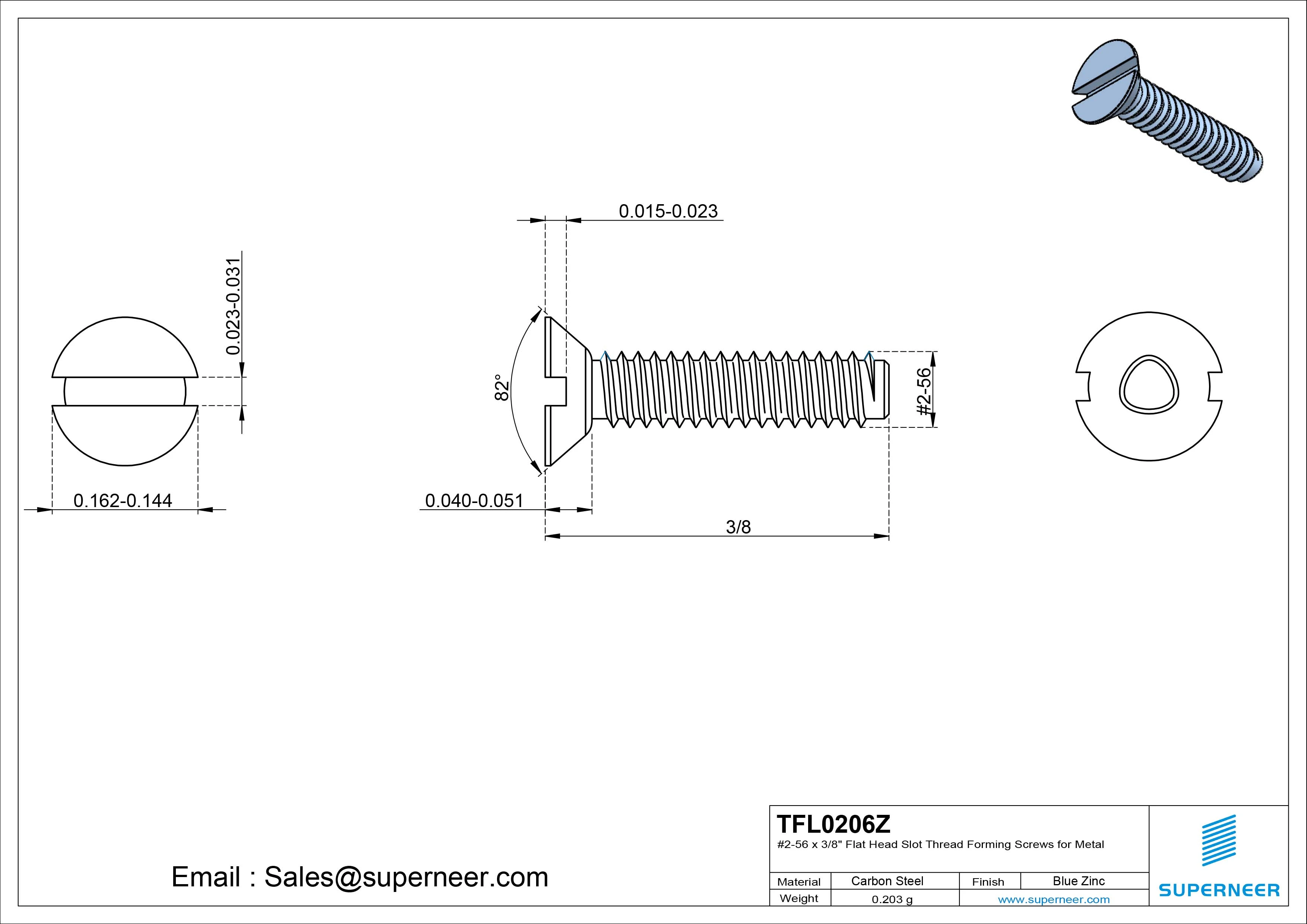 2-56 × 3/8 Flat Head Slot Thread Forming  Screws for Metal  Steel Blue Zinc Plated