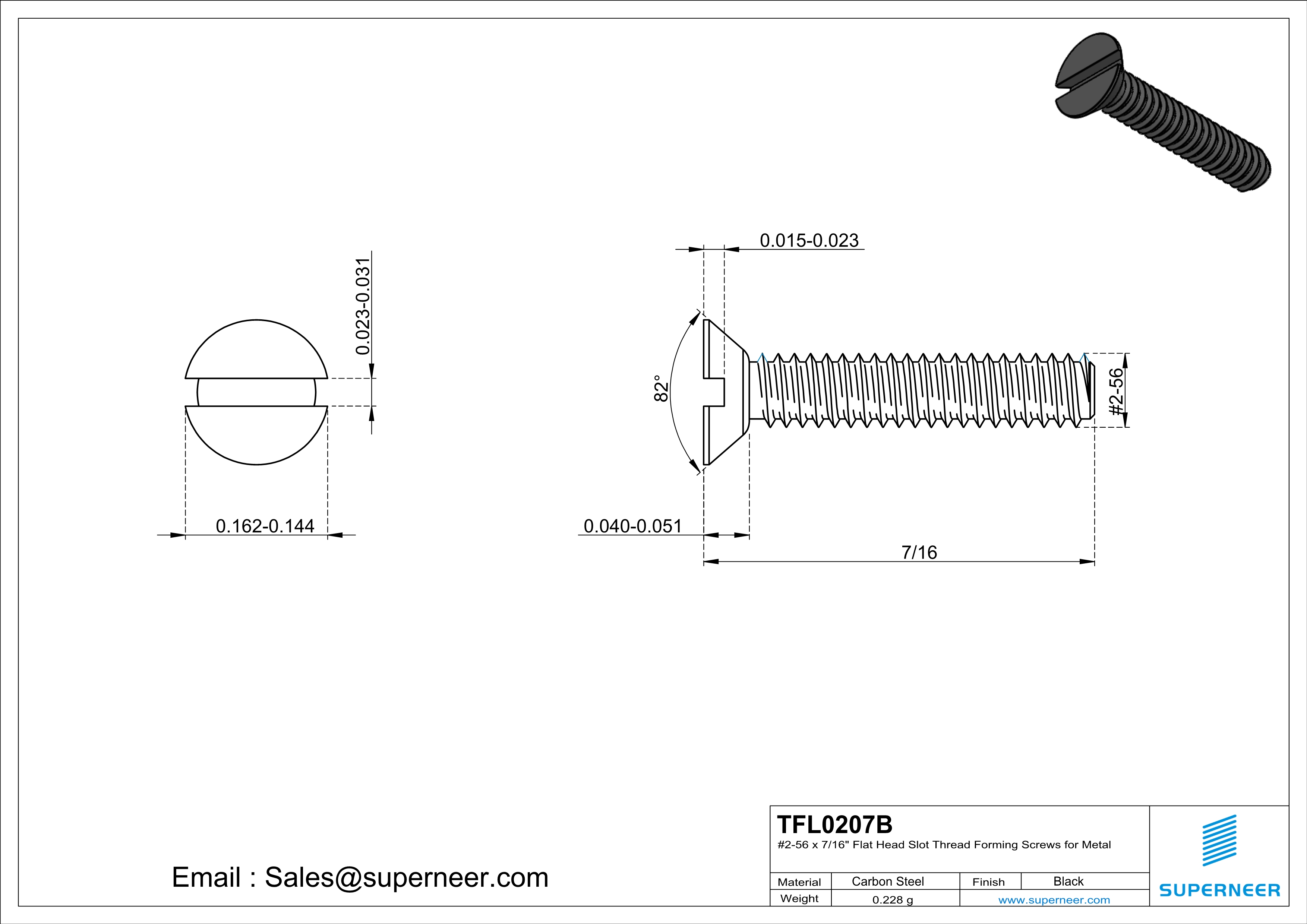 2-56 × 7/16 Flat Head Slot Thread Forming  Screws for Metal  Steel Black