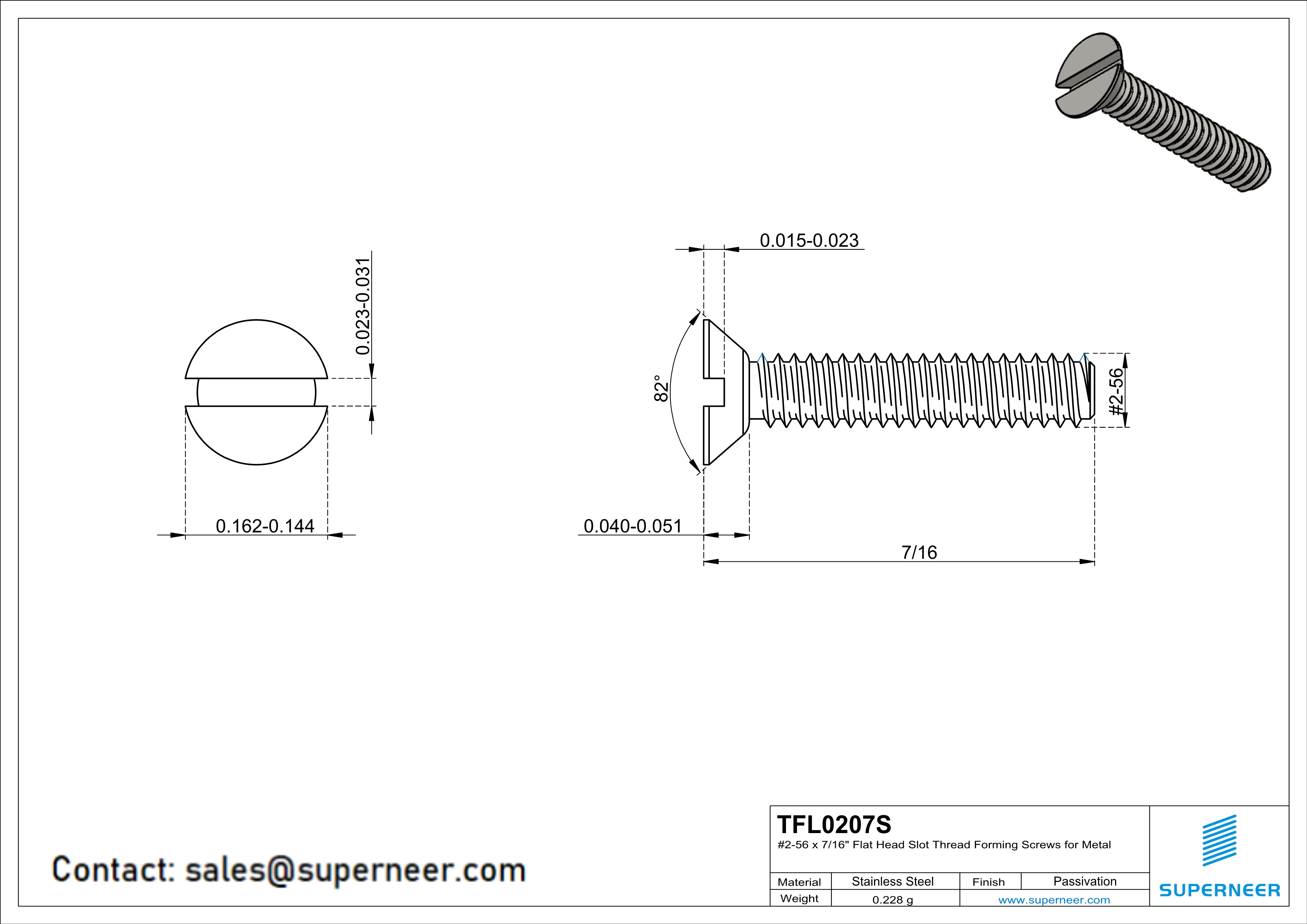 2-56 × 7/16 Flat Head Slot Thread Forming  Screws for Metal  SUS304 Stainless Steel Inox