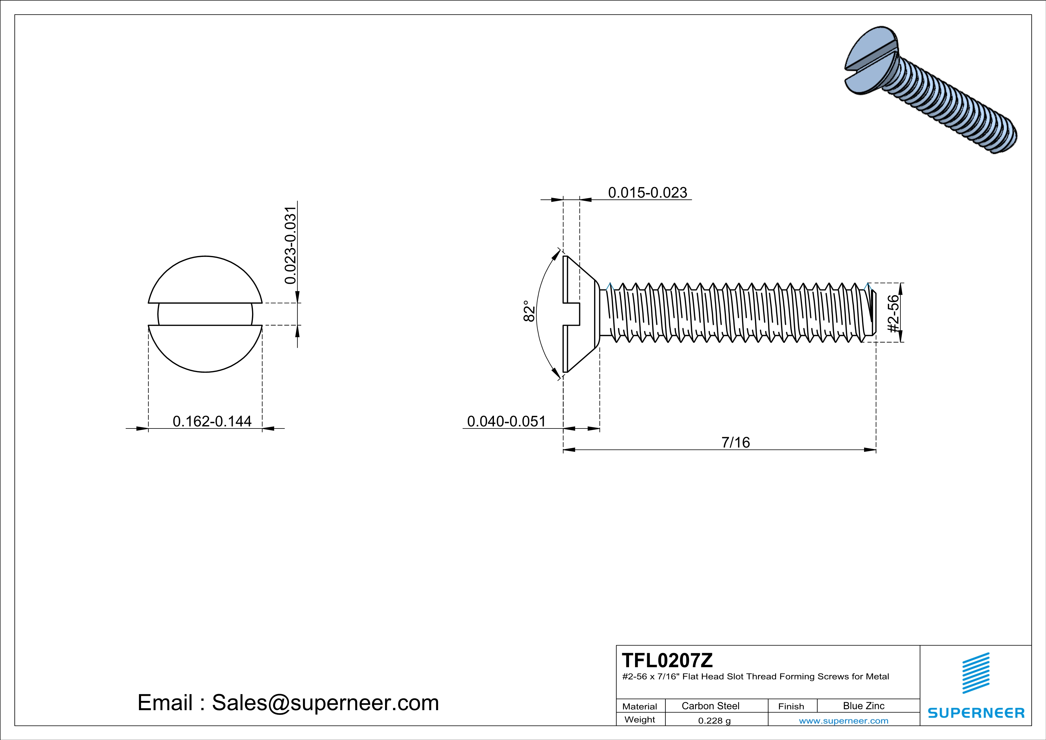 2-56 × 7/16 Flat Head Slot Thread Forming  Screws for Metal  Steel Blue Zinc Plated