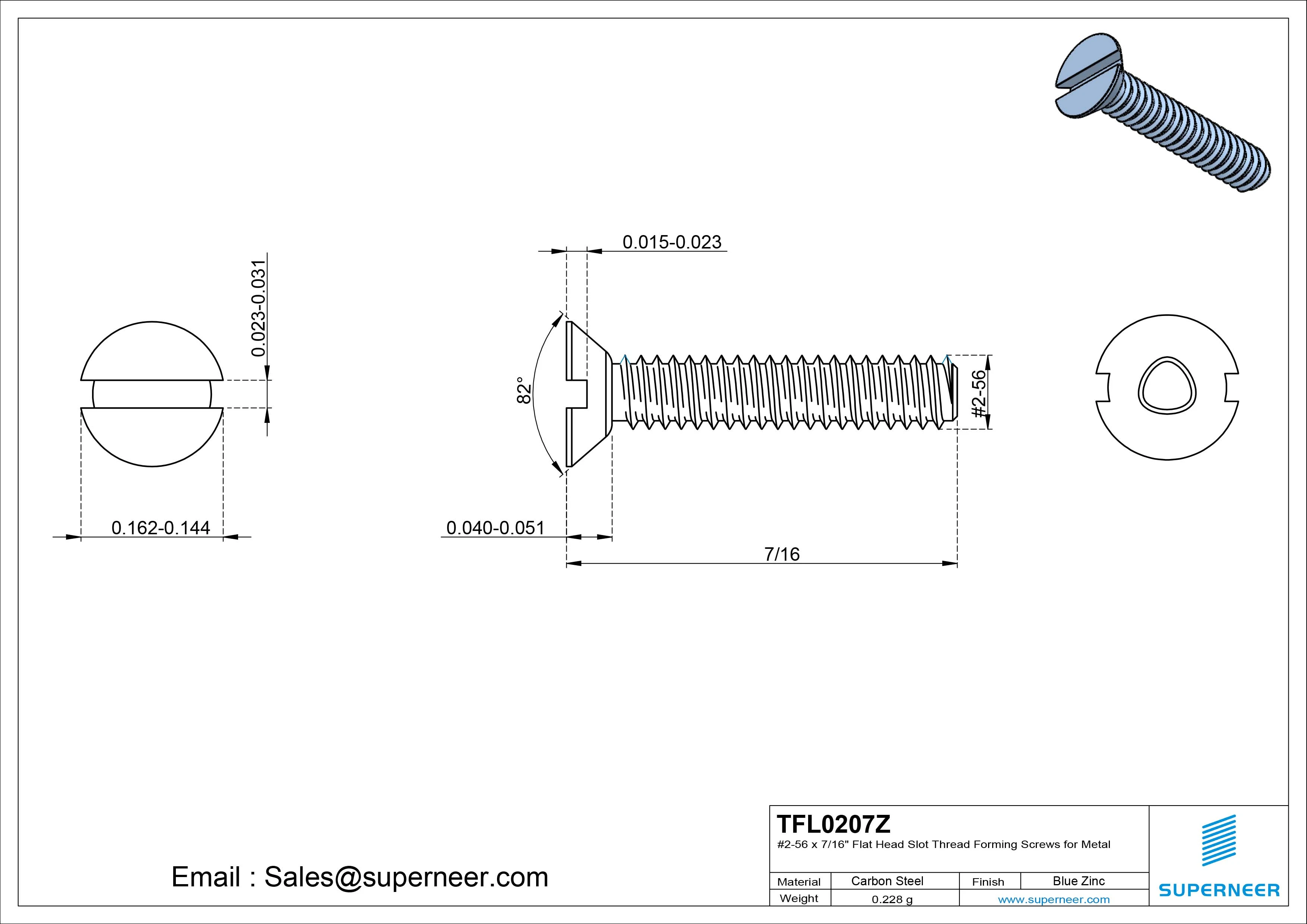 2-56 × 7/16 Flat Head Slot Thread Forming  Screws for Metal  Steel Blue Zinc Plated