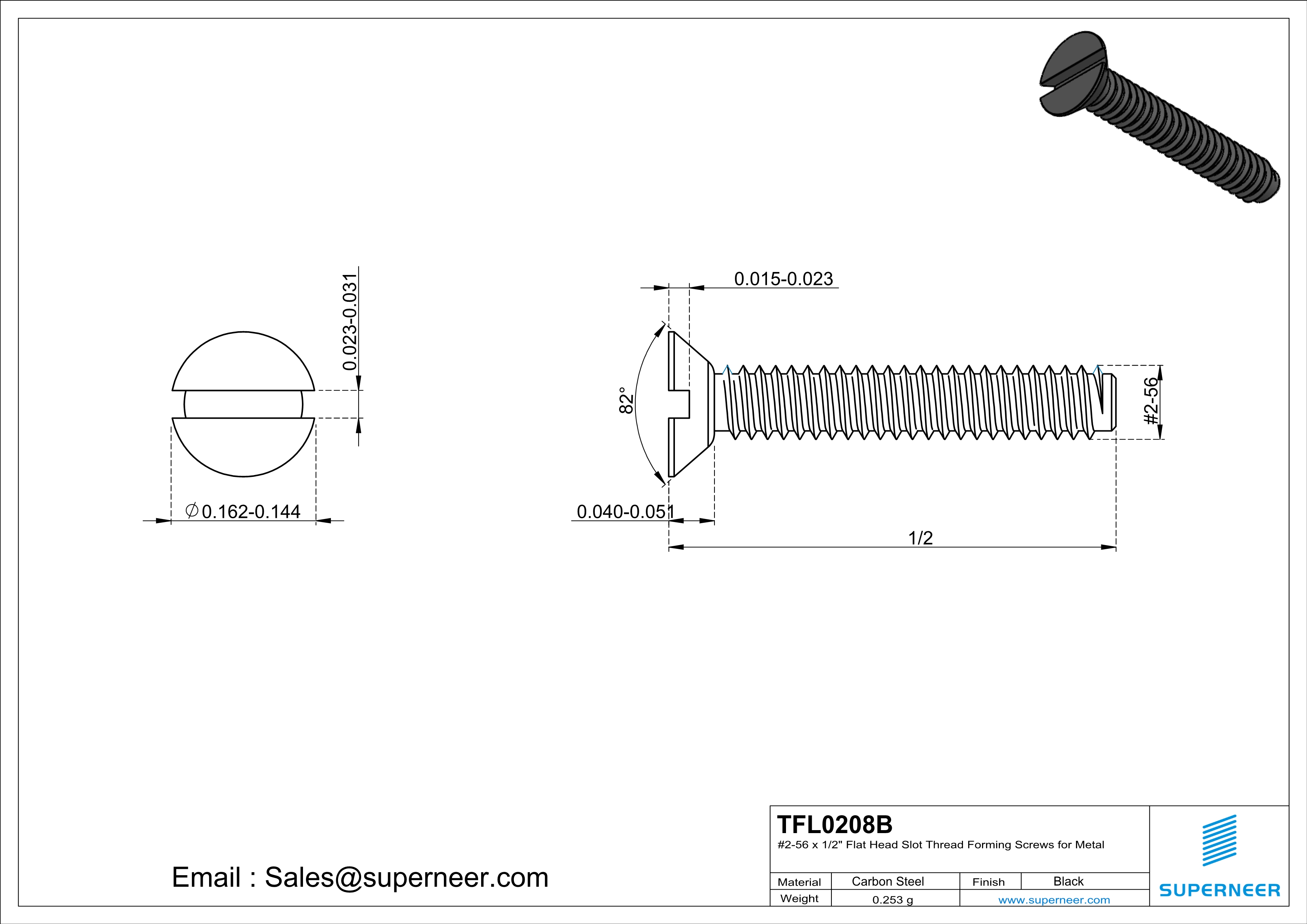 2-56 × 1/2 Flat Head Slot Thread Forming  Screws for Metal  Steel Black