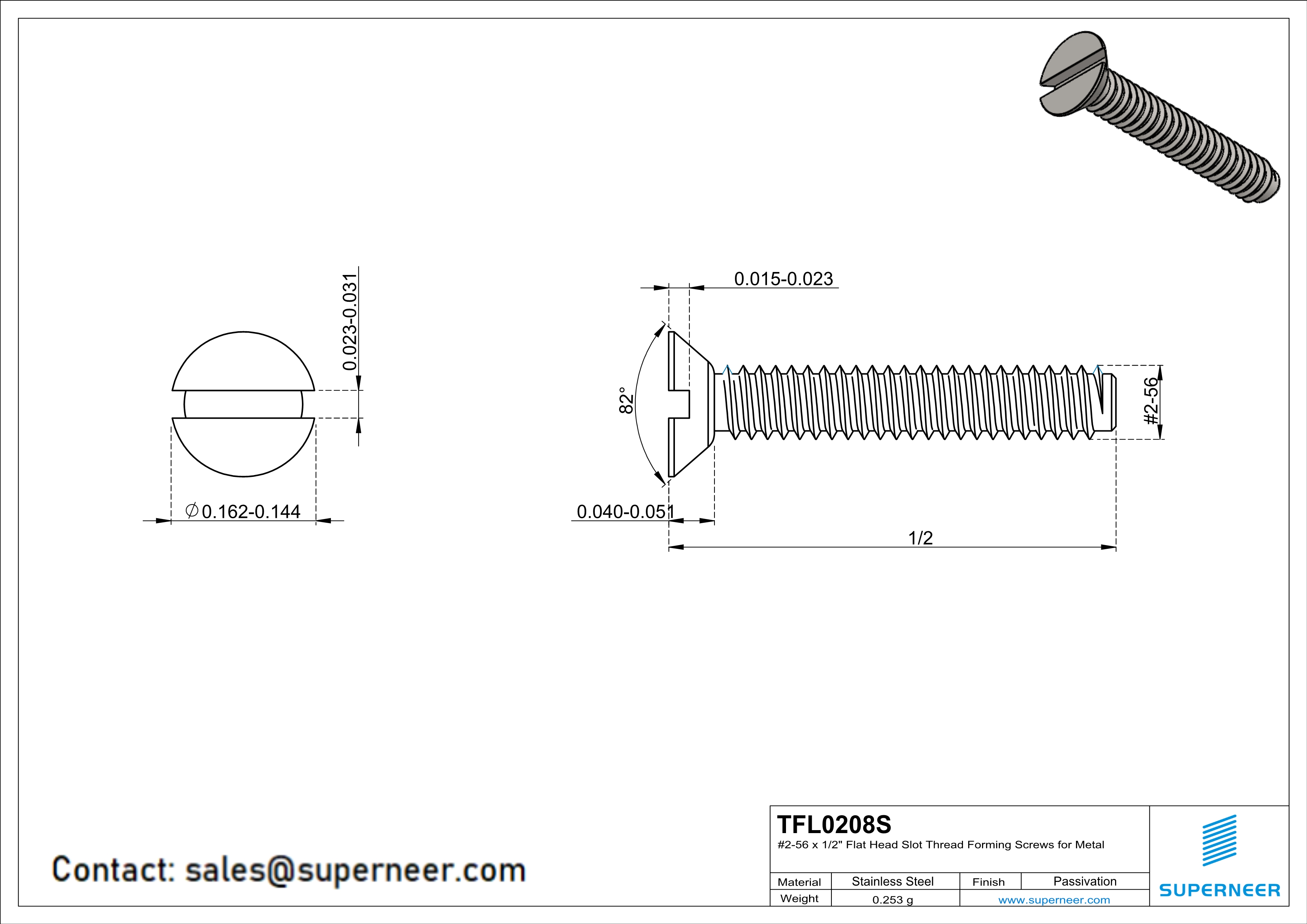 2-56 × 1/2 Flat Head Slot Thread Forming  Screws for Metal  SUS304 Stainless Steel Inox