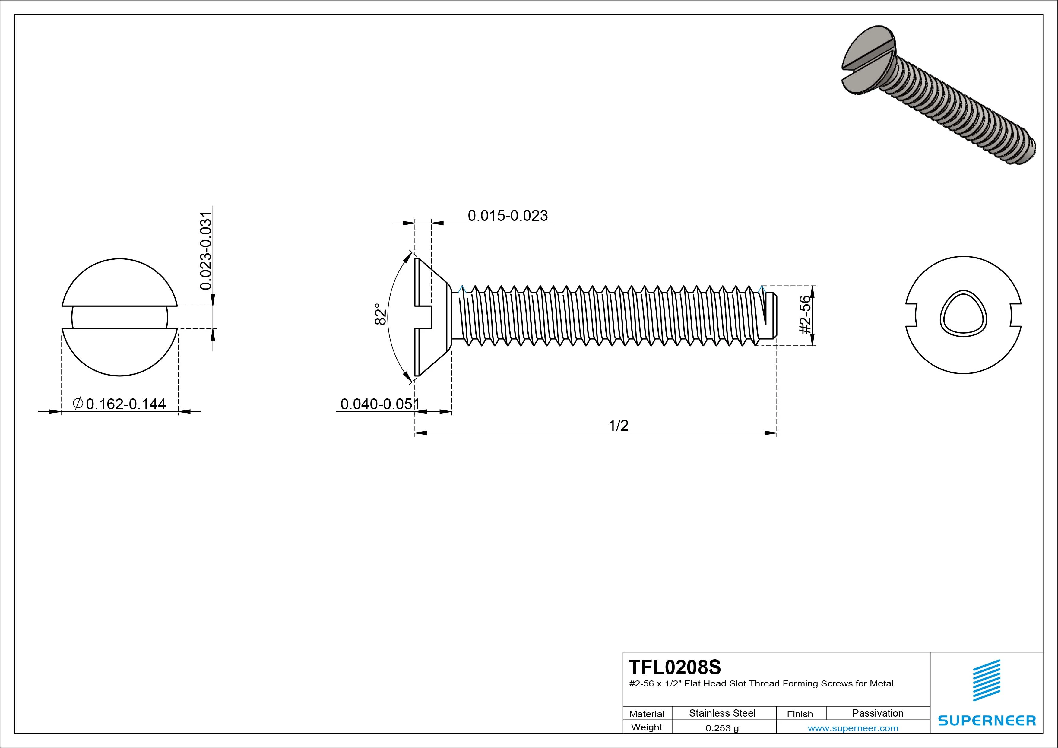 2-56 × 1/2 Flat Head Slot Thread Forming  Screws for Metal  SUS304 Stainless Steel Inox