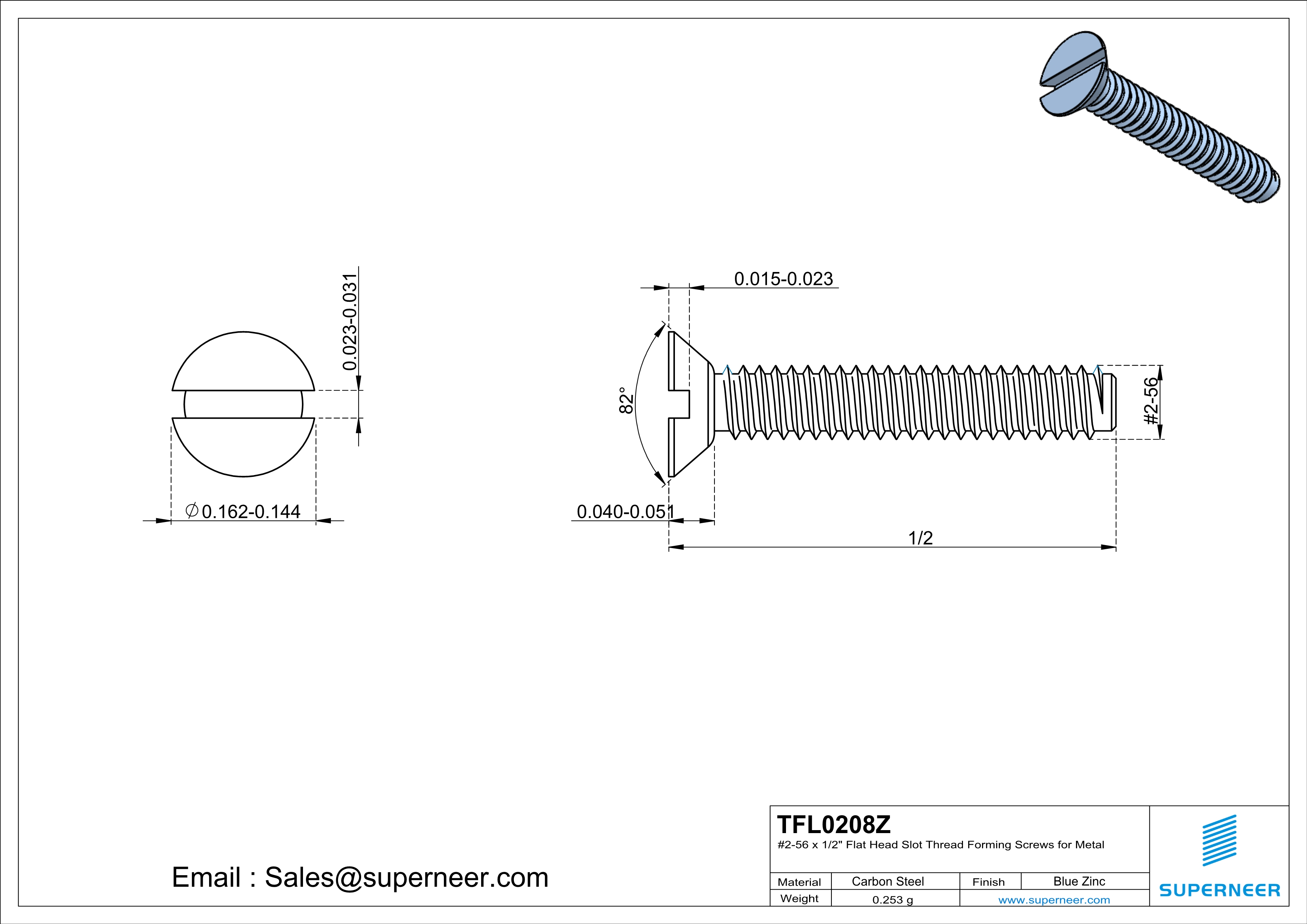 2-56 × 1/2 Flat Head Slot Thread Forming  Screws for Metal  Steel Blue Zinc Plated