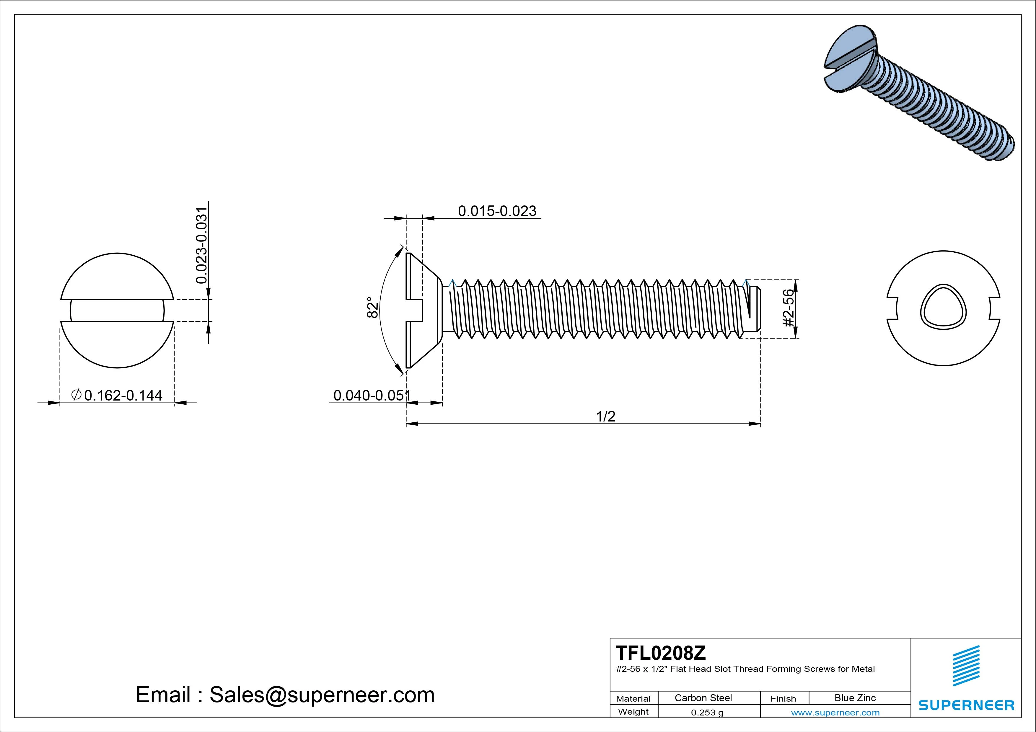 2-56 × 1/2 Flat Head Slot Thread Forming  Screws for Metal  Steel Blue Zinc Plated