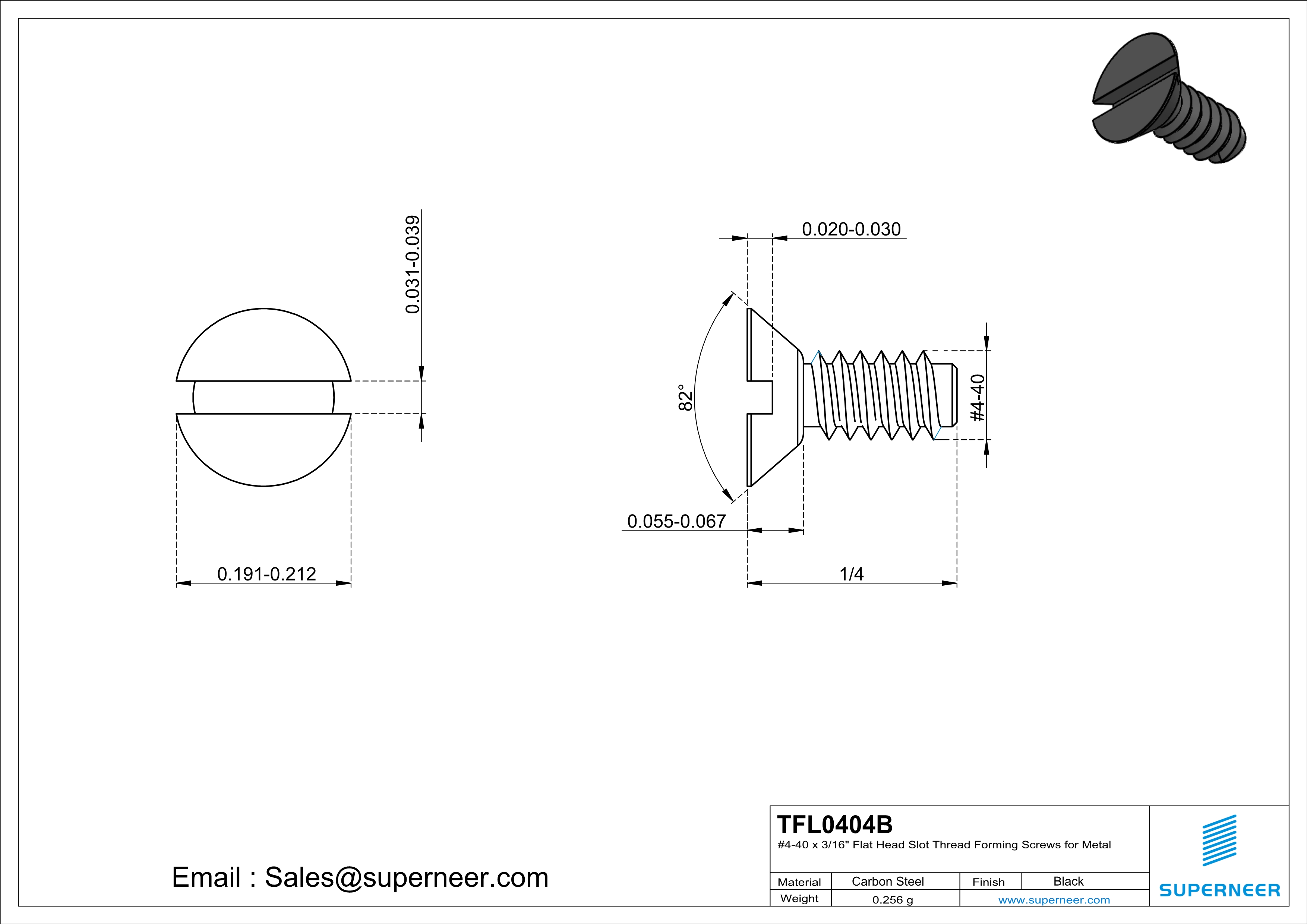 4-40 × 1/4 Flat Head Slot Thread Forming  Screws for Metal  Steel Black