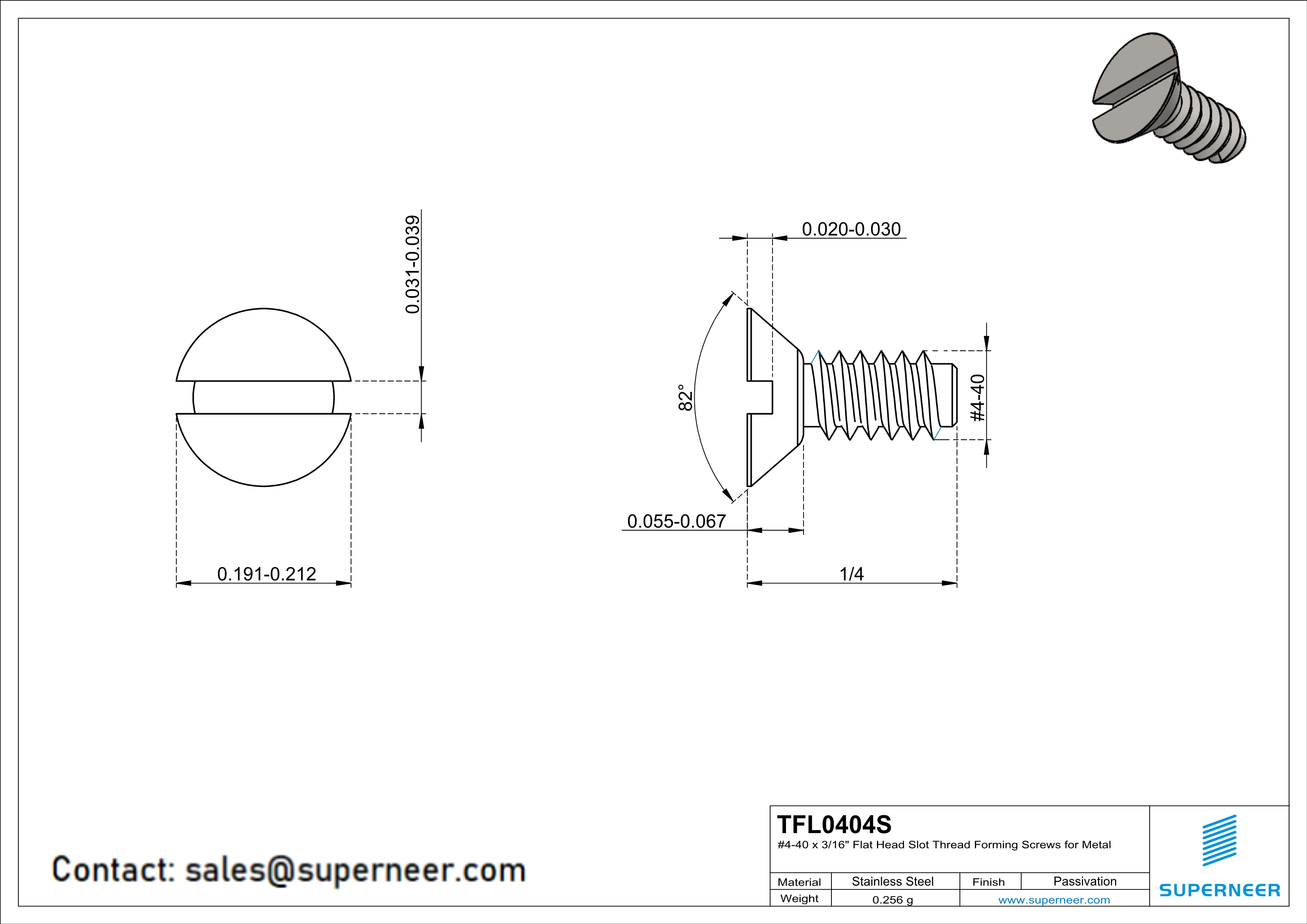 4-40 × 1/4 Flat Head Slot Thread Forming  Screws for Metal  SUS304 Stainless Steel Inox