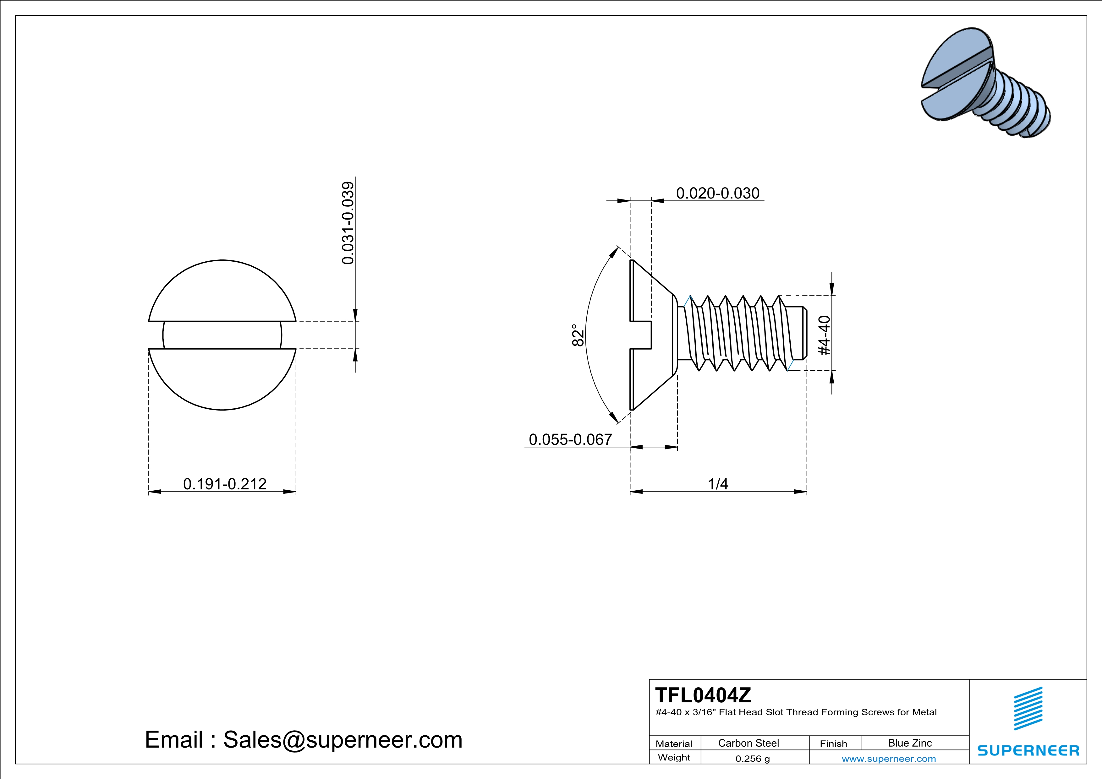 4-40 × 1/4 Flat Head Slot Thread Forming  Screws for Metal  Steel Blue Zinc Plated