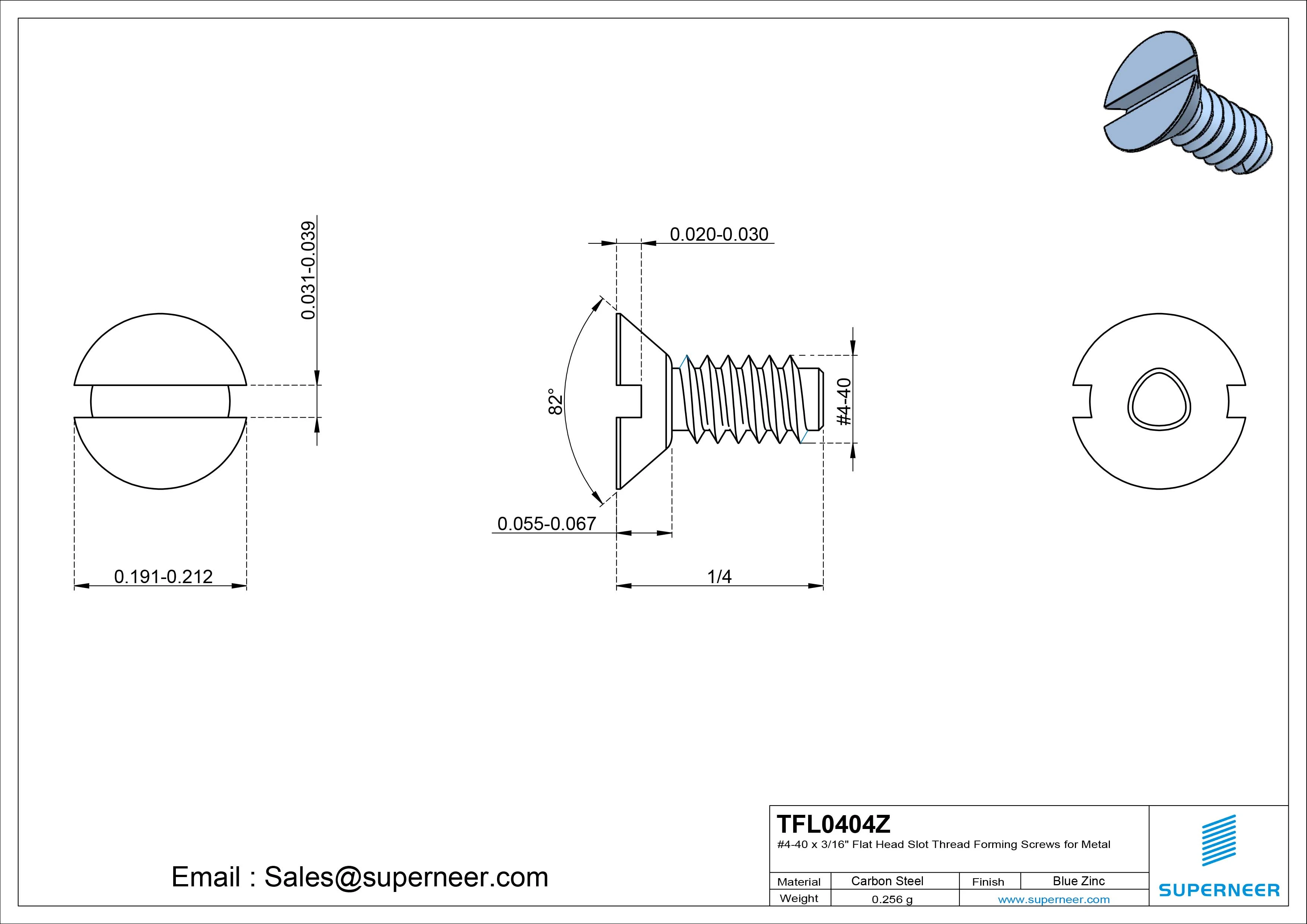 4-40 × 1/4 Flat Head Slot Thread Forming  Screws for Metal  Steel Blue Zinc Plated