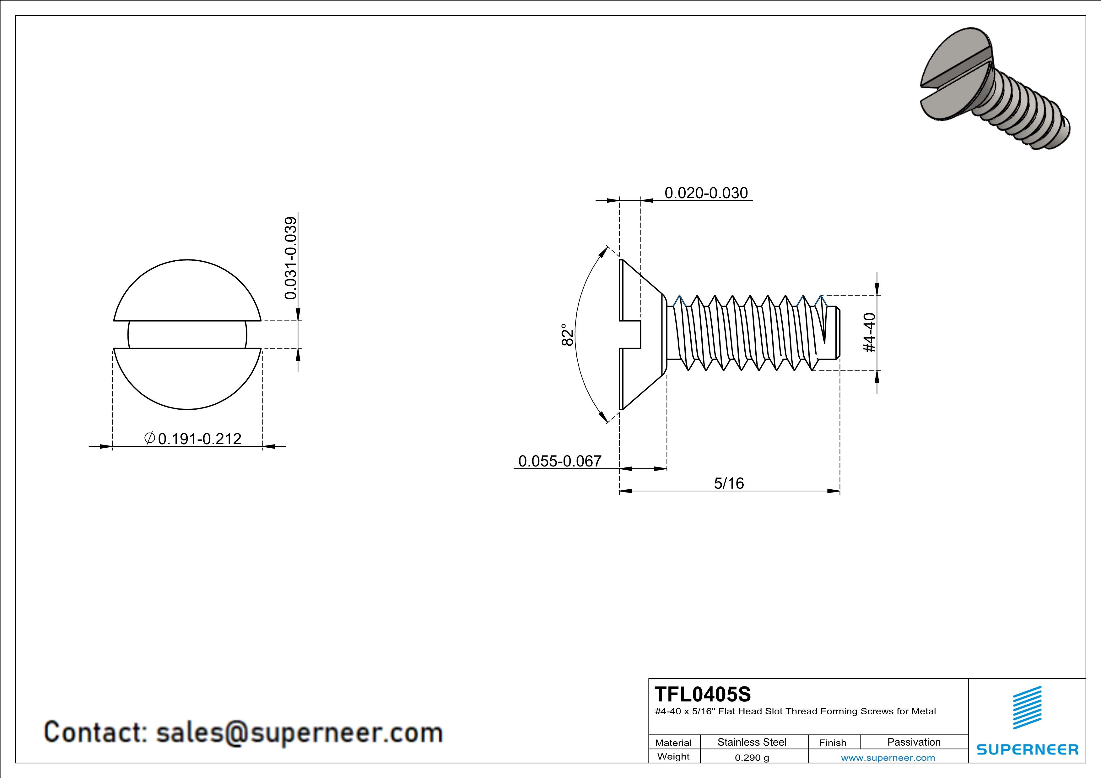 4-40 × 5/16 Flat Head Slot Thread Forming  Screws for Metal  SUS304 Stainless Steel Inox