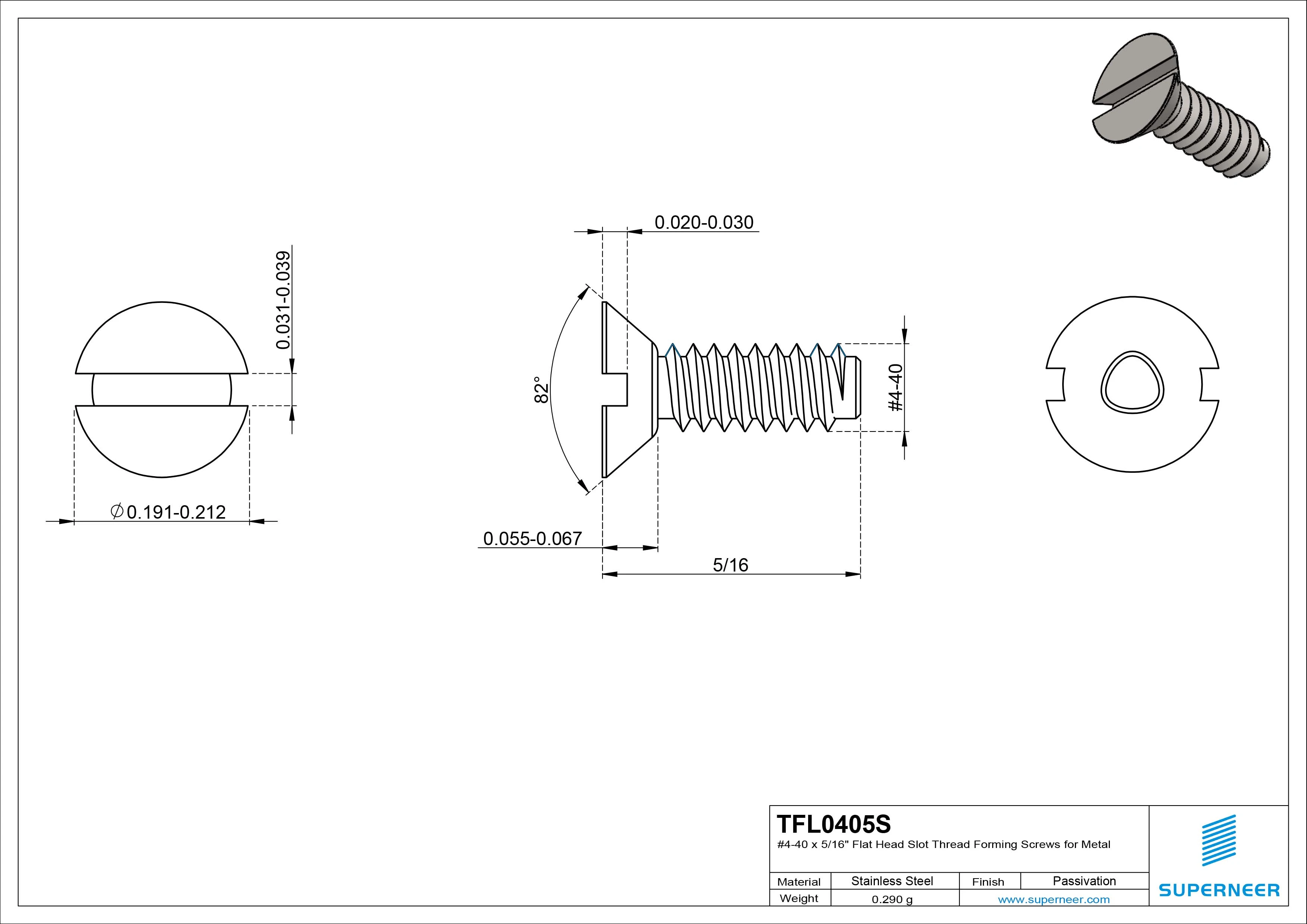 4-40 × 5/16 Flat Head Slot Thread Forming  Screws for Metal  SUS304 Stainless Steel Inox