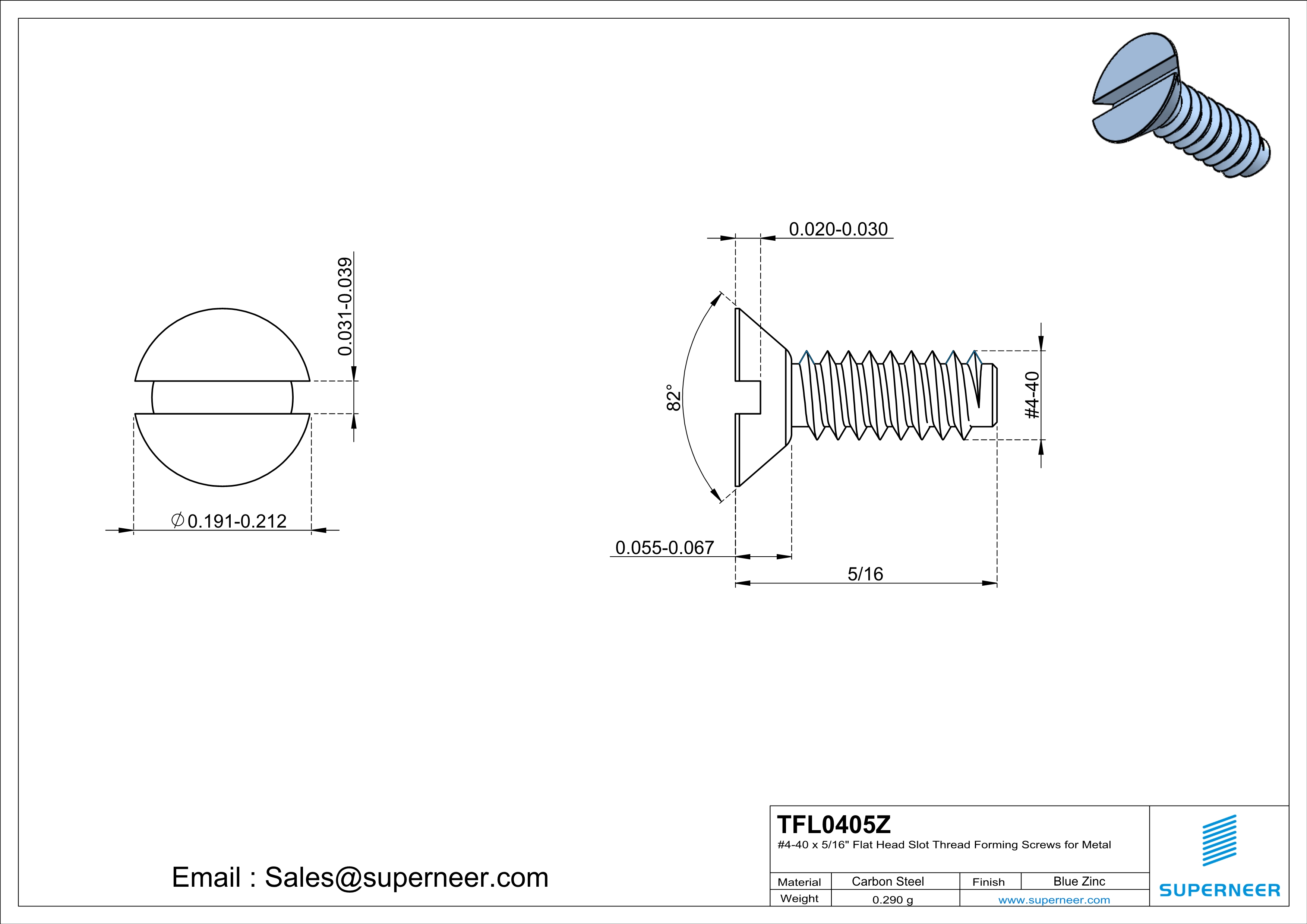 4-40 × 5/16 Flat Head Slot Thread Forming  Screws for Metal  Steel Blue Zinc Plated