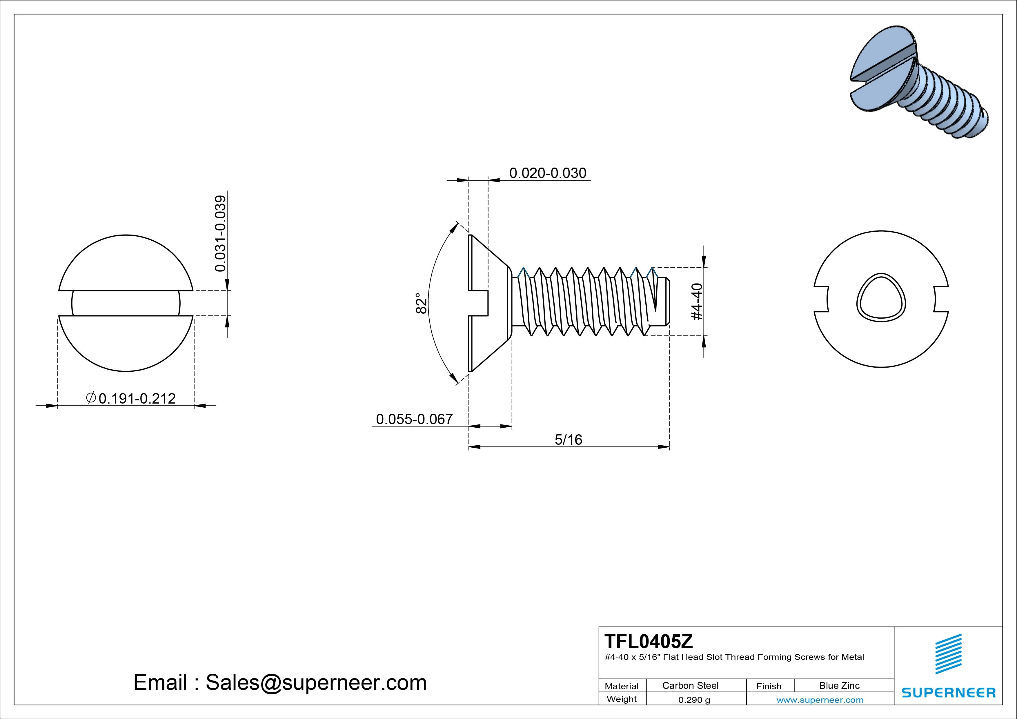 4-40 × 5/16 Flat Head Slot Thread Forming  Screws for Metal  Steel Blue Zinc Plated