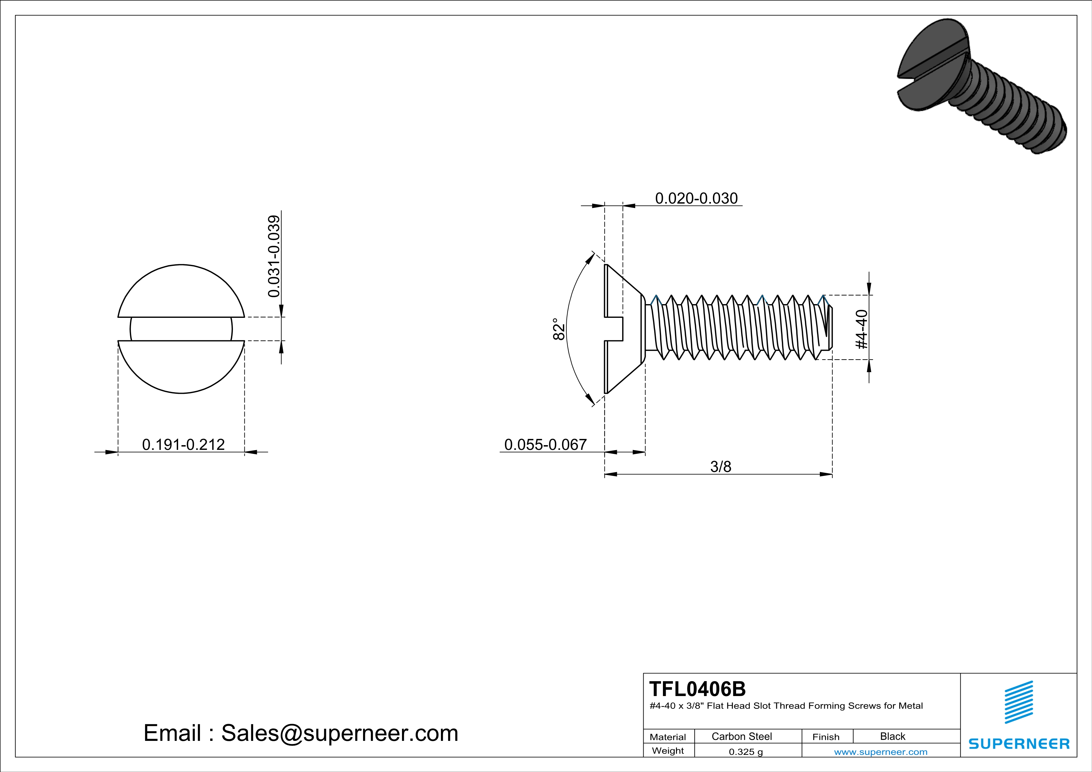 4-40 × 3/8 Flat Head Slot Thread Forming  Screws for Metal  Steel Black