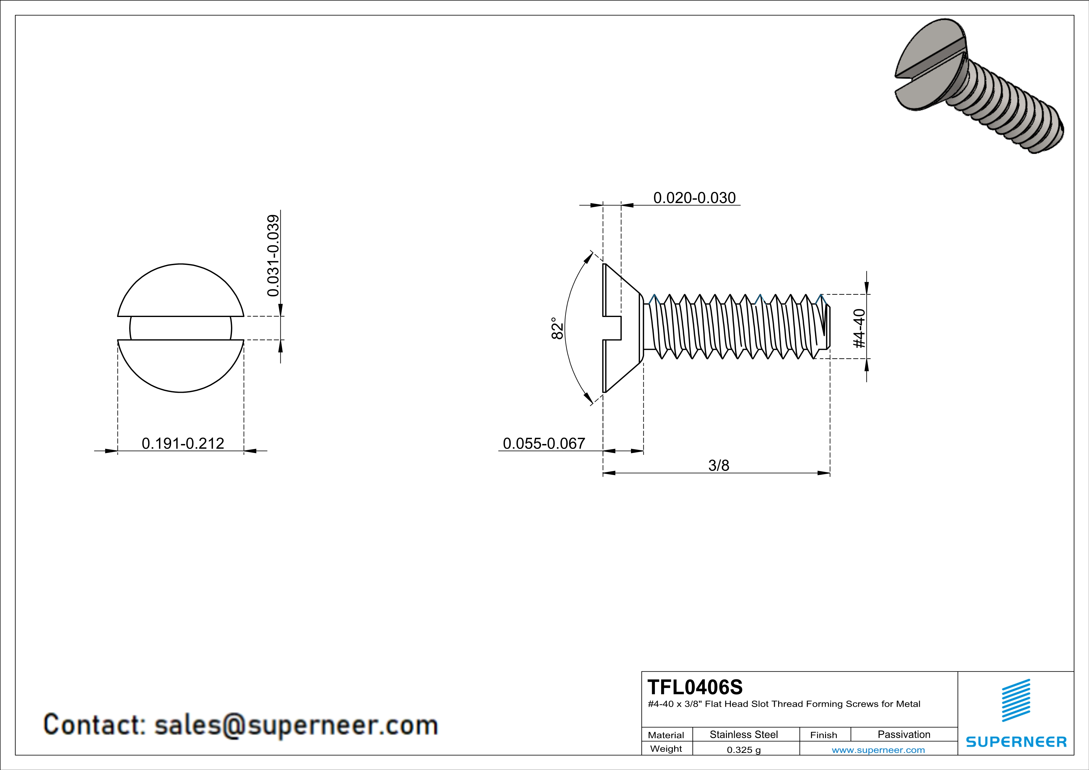 4-40 × 3/8 Flat Head Slot Thread Forming  Screws for Metal  SUS304 Stainless Steel Inox