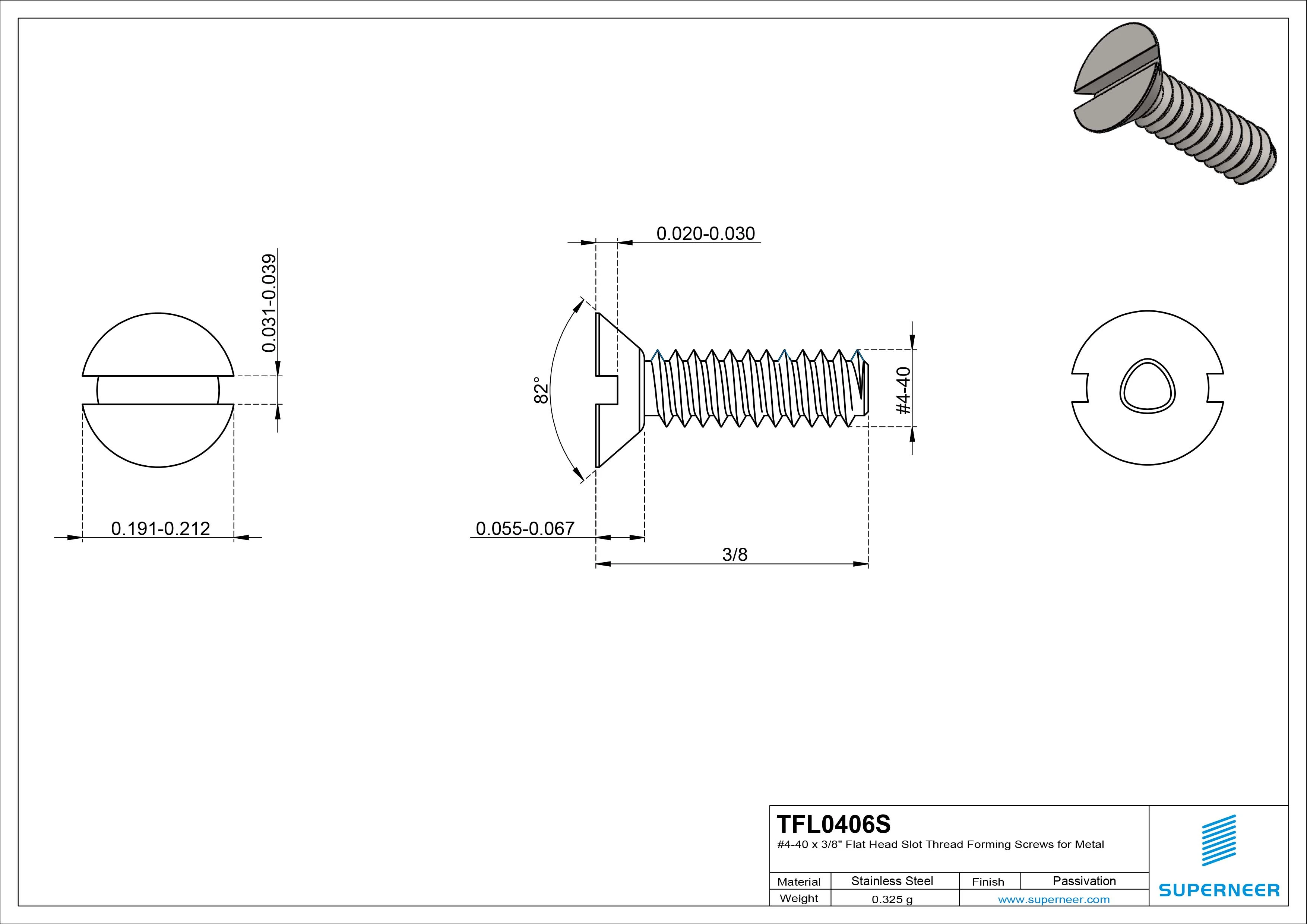 4-40 × 3/8 Flat Head Slot Thread Forming  Screws for Metal  SUS304 Stainless Steel Inox