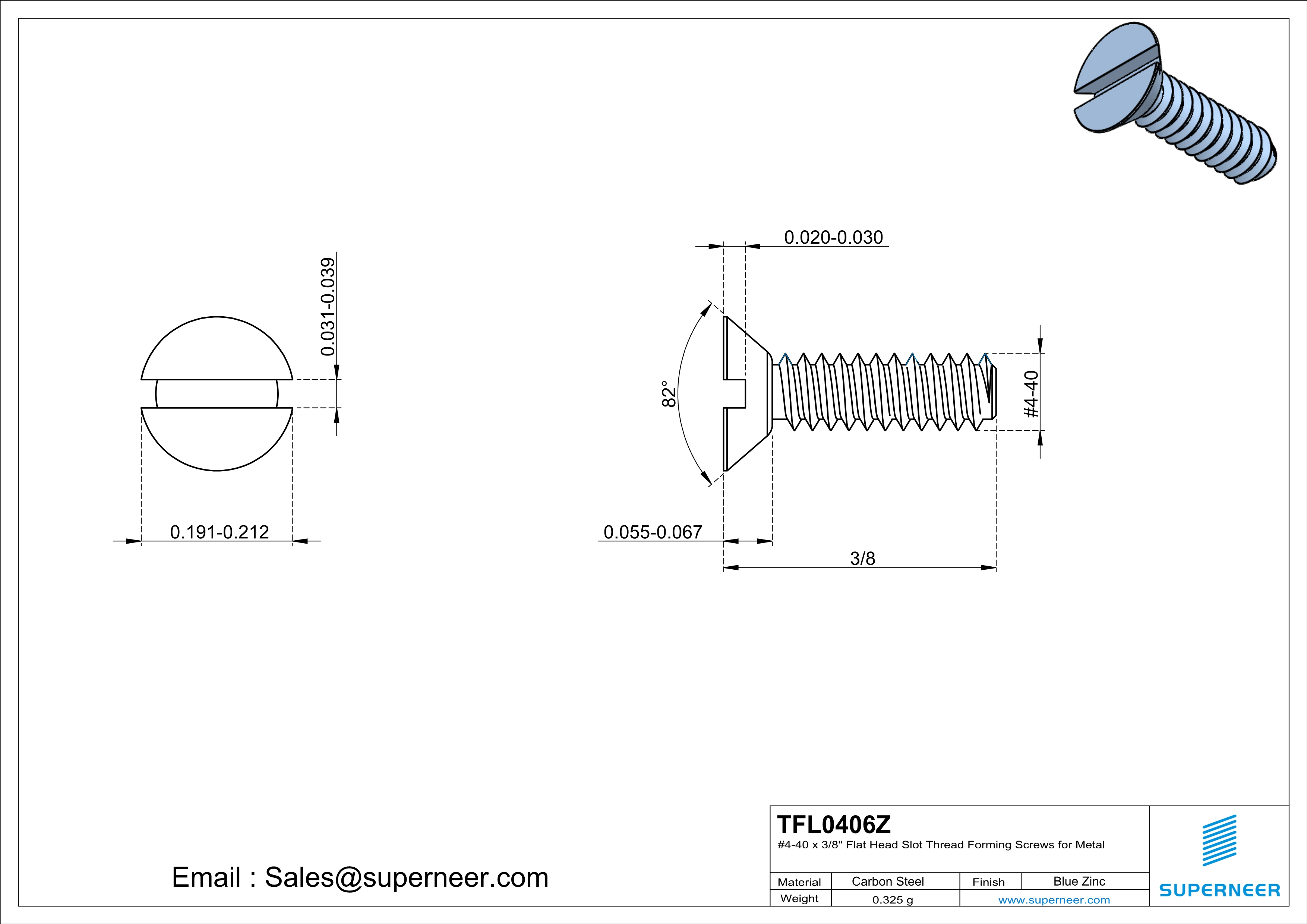 4-40 × 3/8 Flat Head Slot Thread Forming  Screws for Metal  Steel Blue Zinc Plated