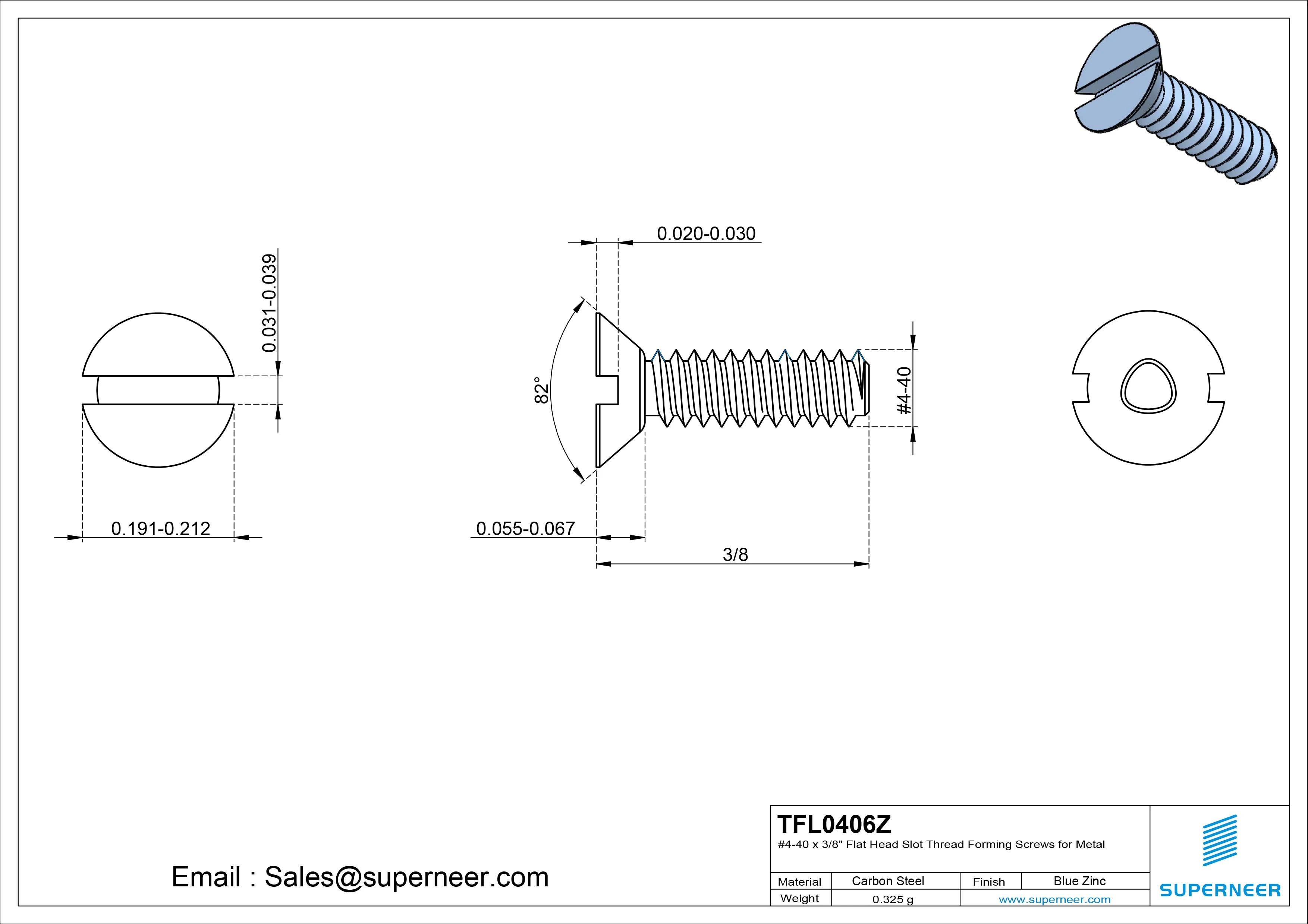 4-40 × 3/8 Flat Head Slot Thread Forming  Screws for Metal  Steel Blue Zinc Plated