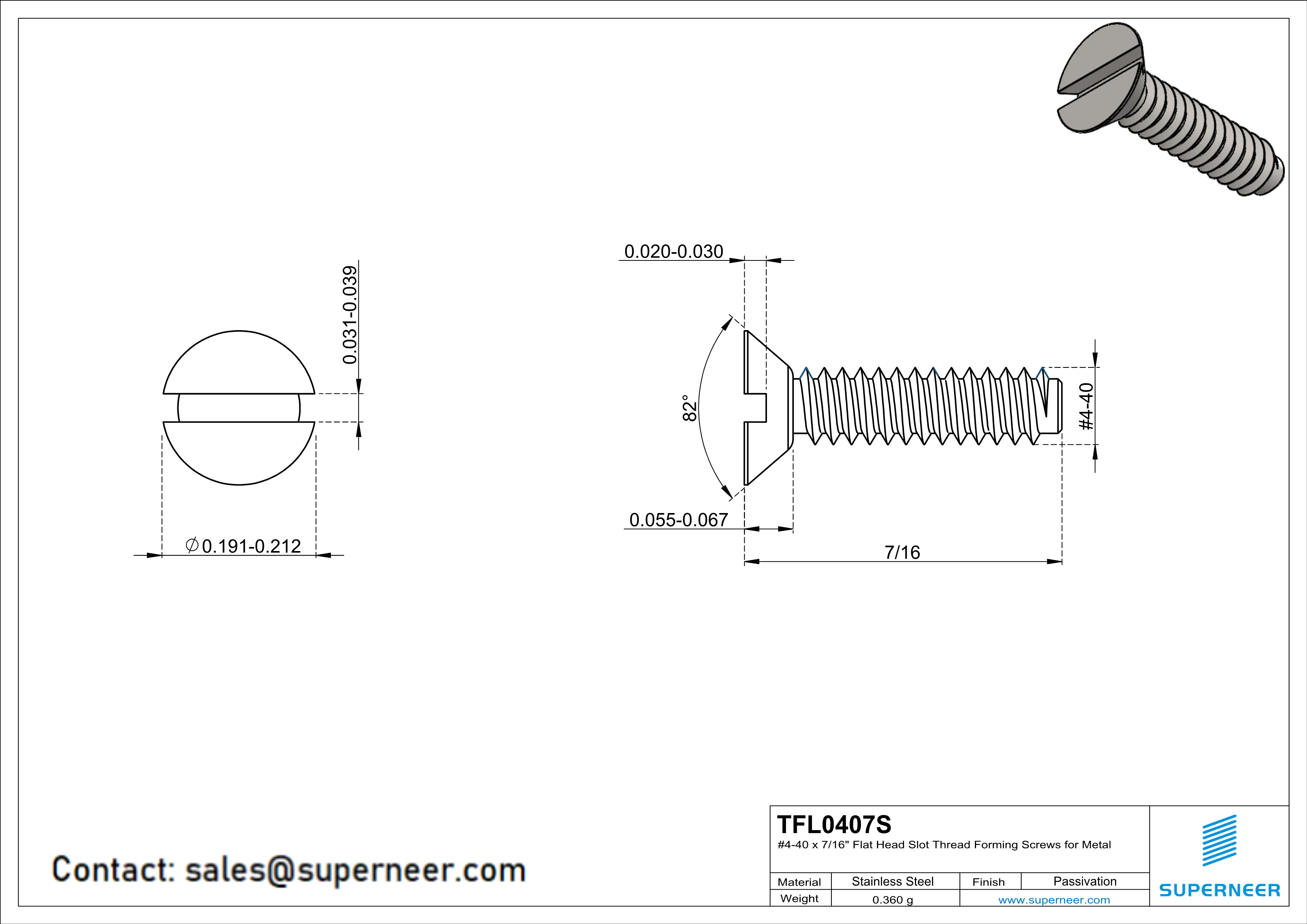 4-40 × 7/16 Flat Head Slot Thread Forming  Screws for Metal  SUS304 Stainless Steel Inox
