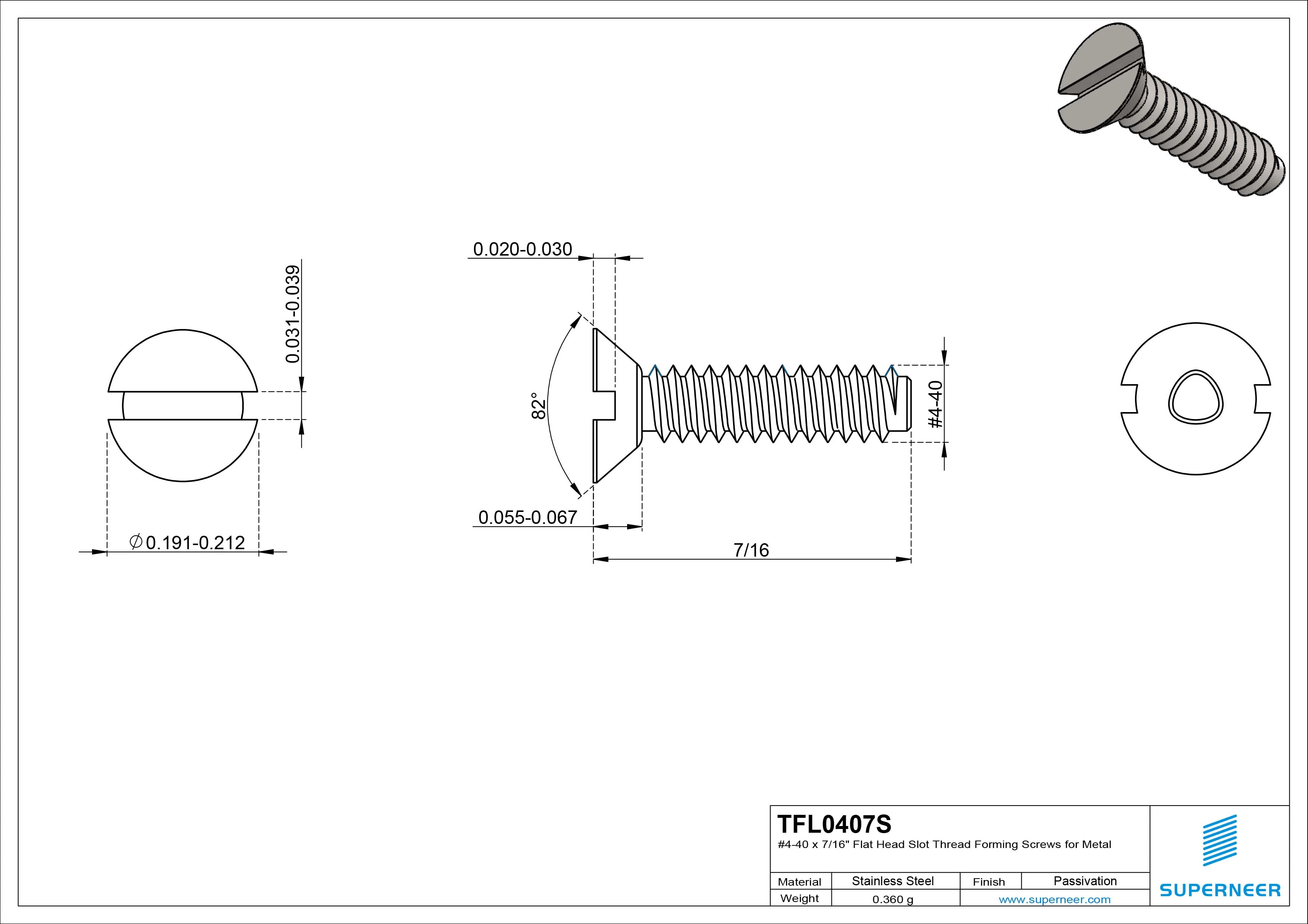 4-40 × 7/16 Flat Head Slot Thread Forming  Screws for Metal  SUS304 Stainless Steel Inox