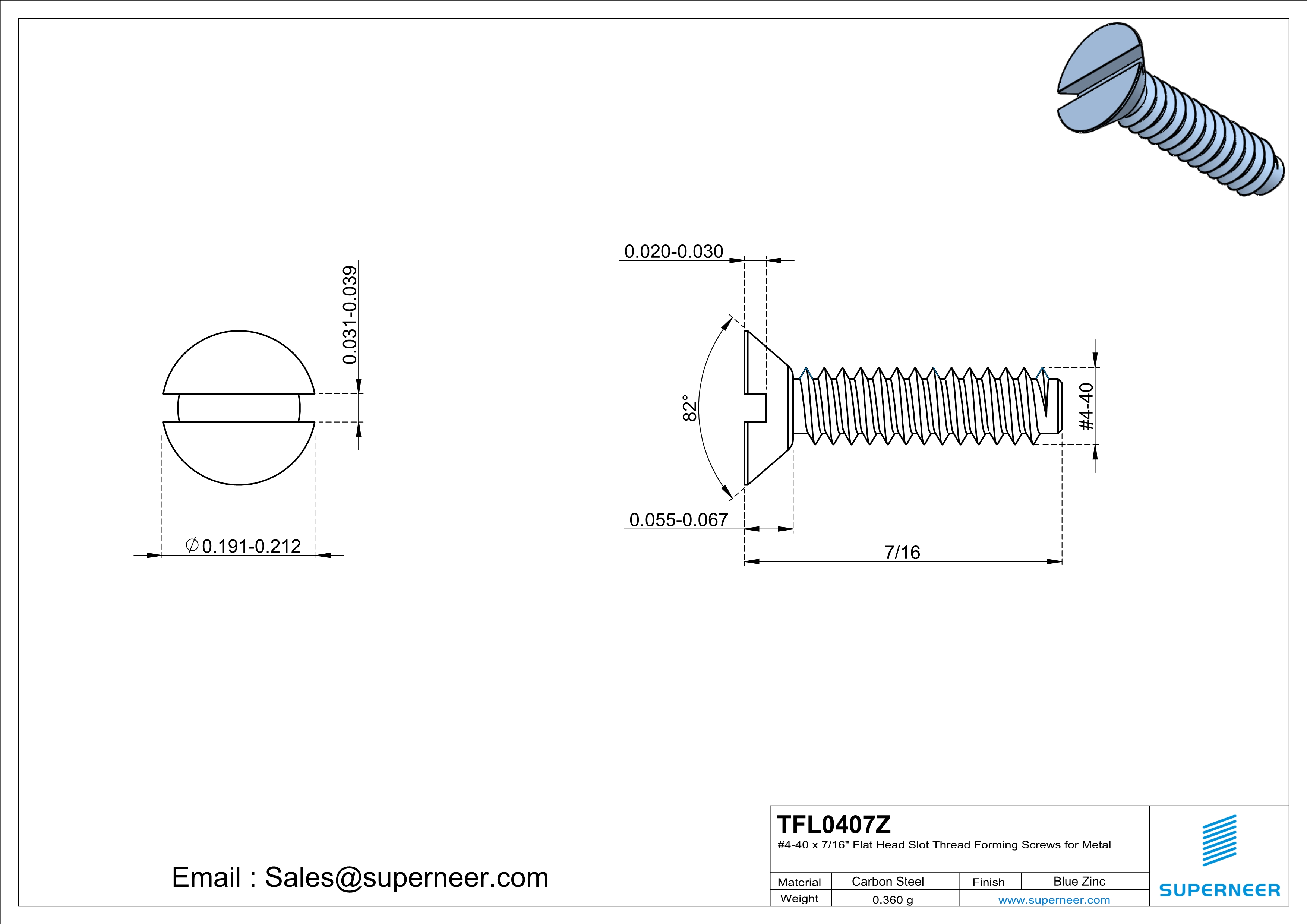 4-40 × 7/16 Flat Head Slot Thread Forming  Screws for Metal  Steel Blue Zinc Plated