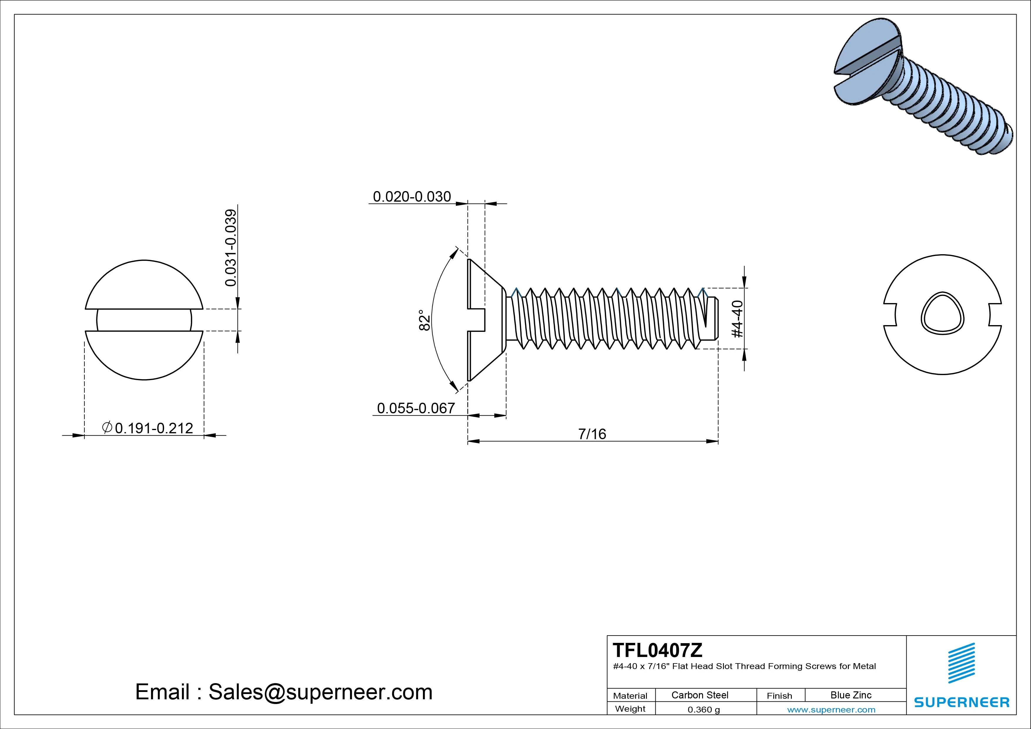 4-40 × 7/16 Flat Head Slot Thread Forming  Screws for Metal  Steel Blue Zinc Plated