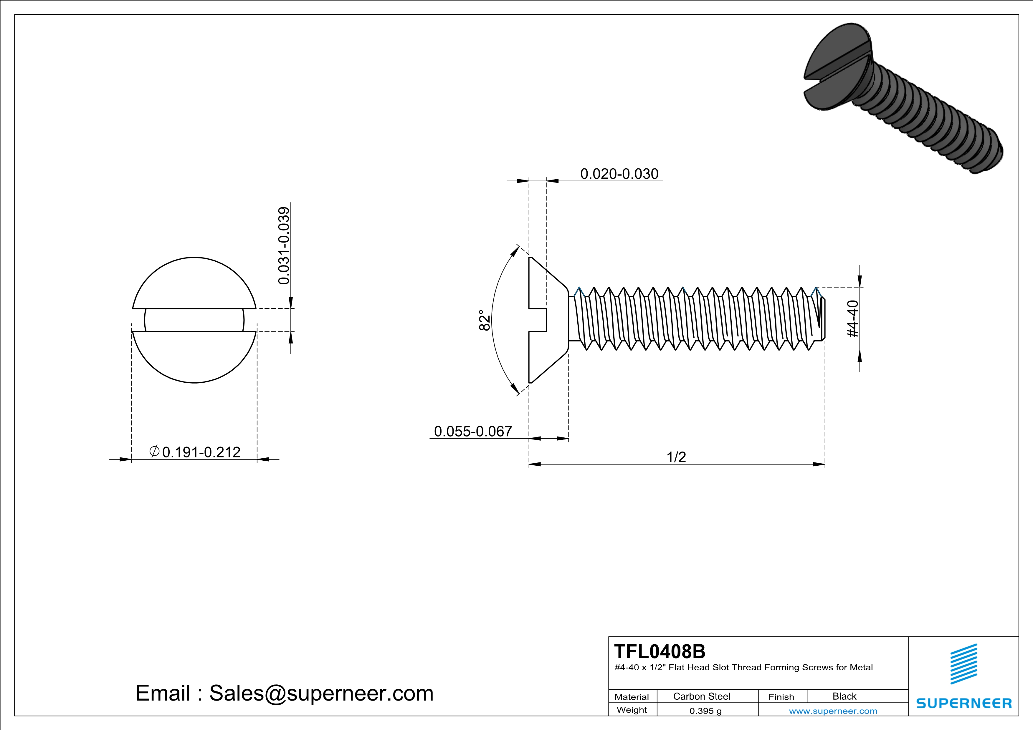 4-40 × 1/2 Flat Head Slot Thread Forming  Screws for Metal  Steel Black