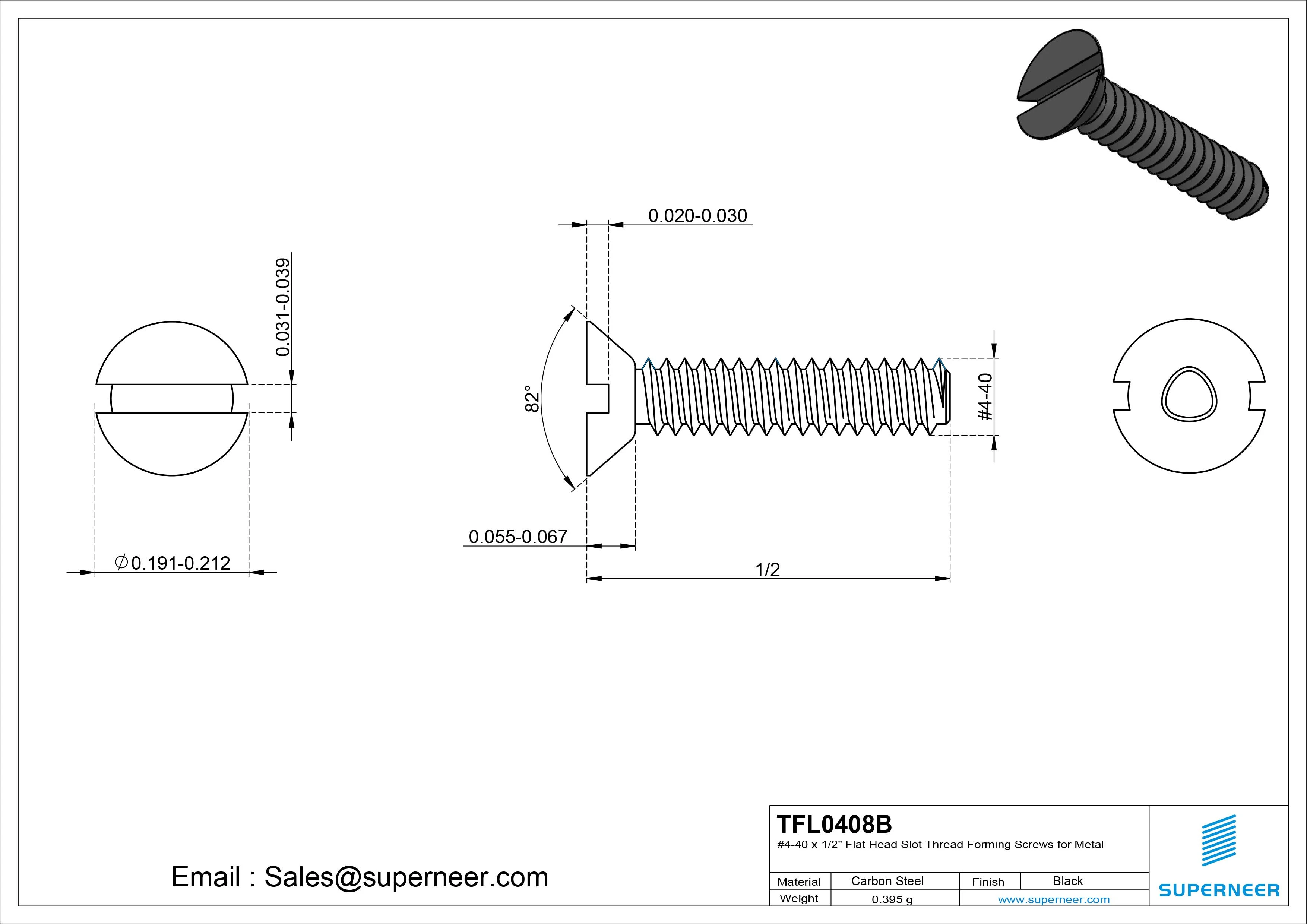 4-40 × 1/2 Flat Head Slot Thread Forming  Screws for Metal  Steel Black