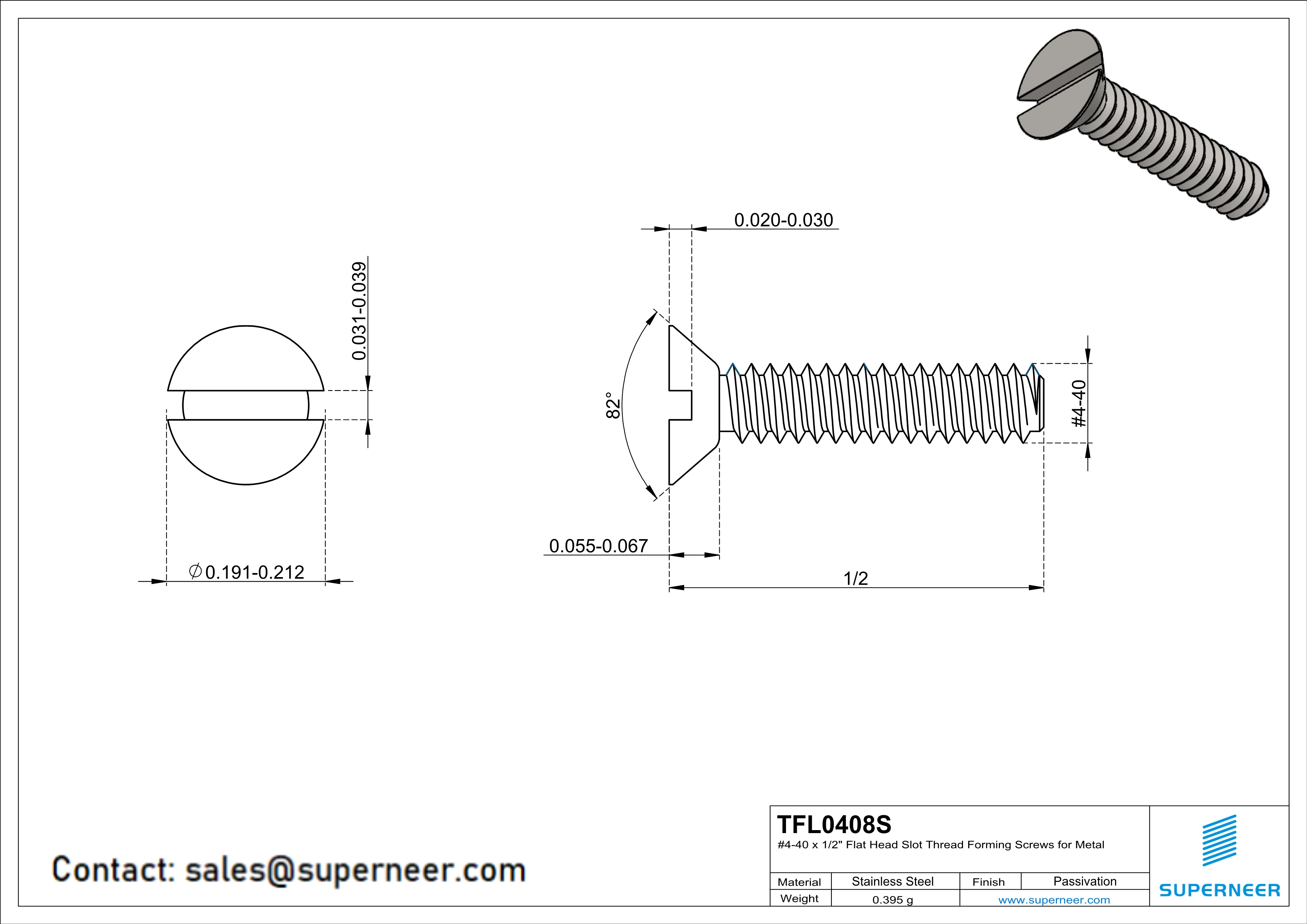 4-40 × 1/2 Flat Head Slot Thread Forming  Screws for Metal  SUS304 Stainless Steel Inox