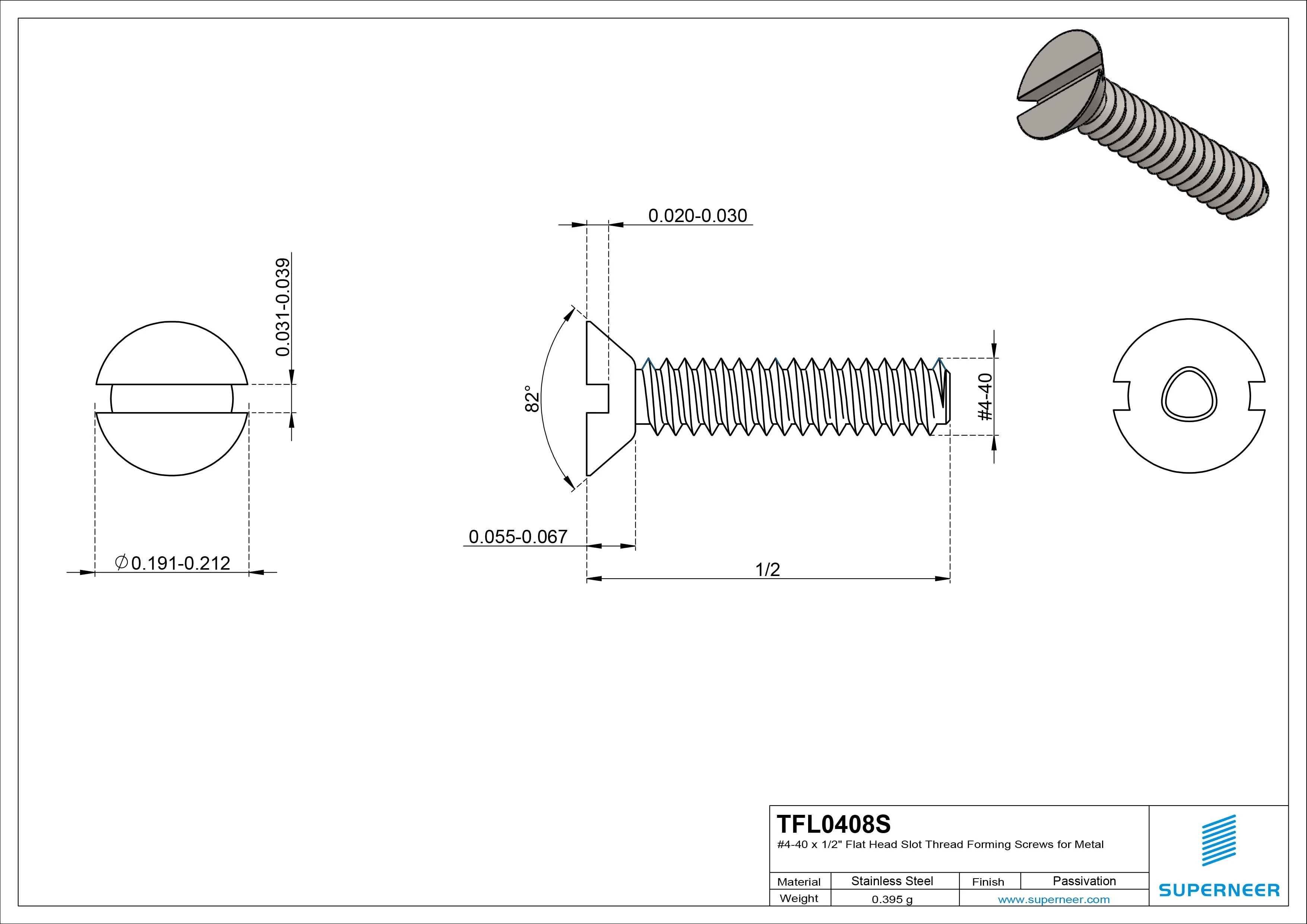 4-40 × 1/2 Flat Head Slot Thread Forming  Screws for Metal  SUS304 Stainless Steel Inox