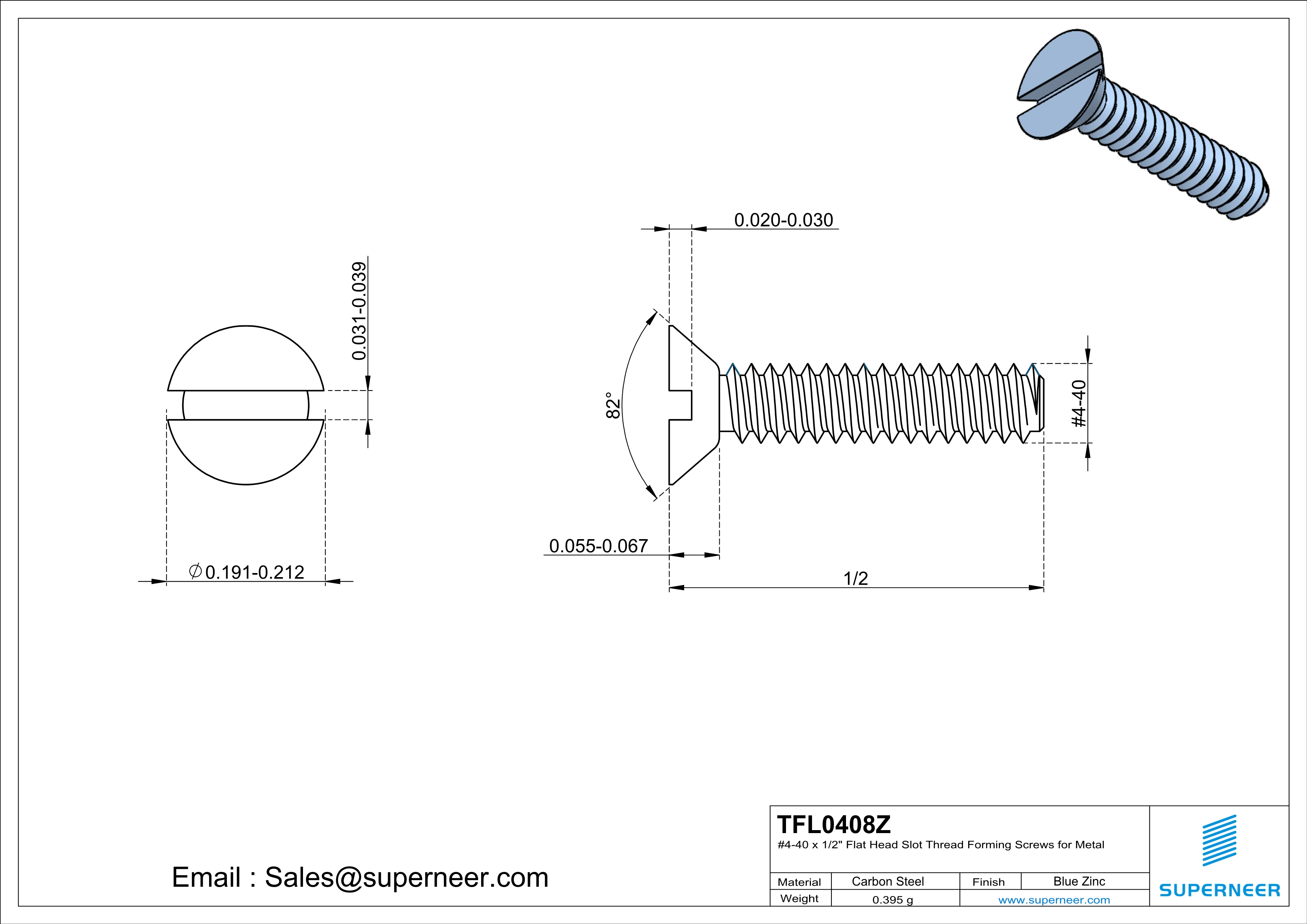 4-40 × 1/2 Flat Head Slot Thread Forming  Screws for Metal  Steel Blue Zinc Plated