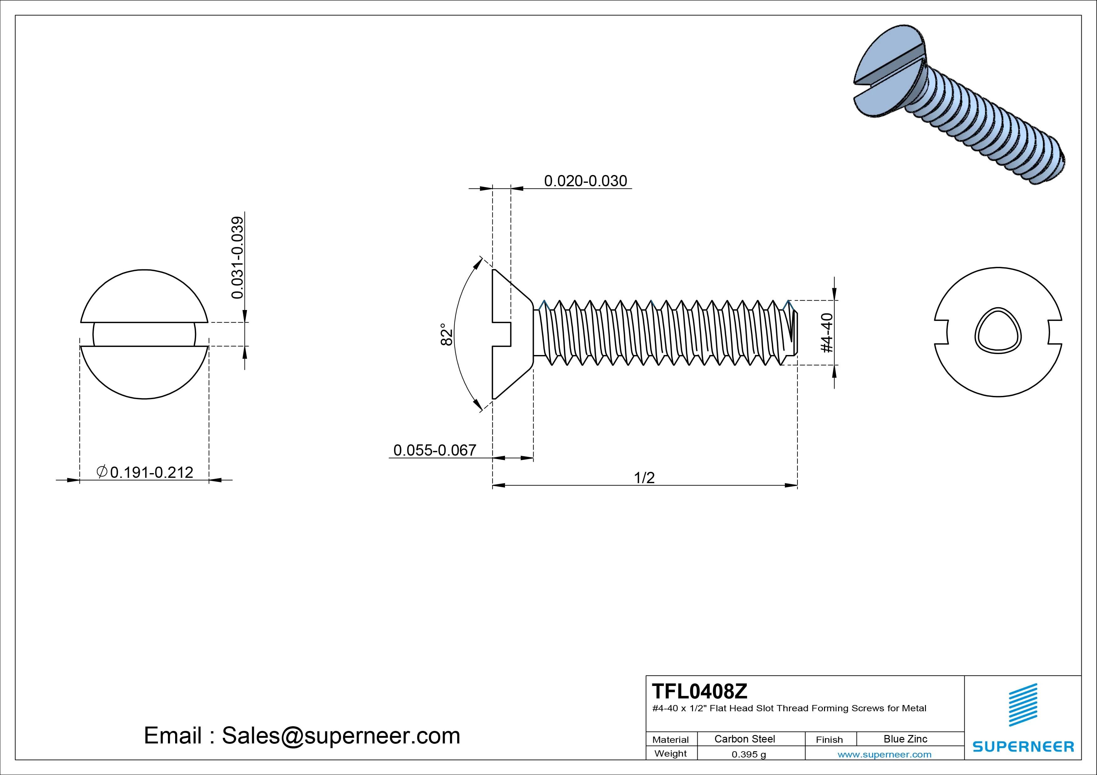 4-40 × 1/2 Flat Head Slot Thread Forming  Screws for Metal  Steel Blue Zinc Plated