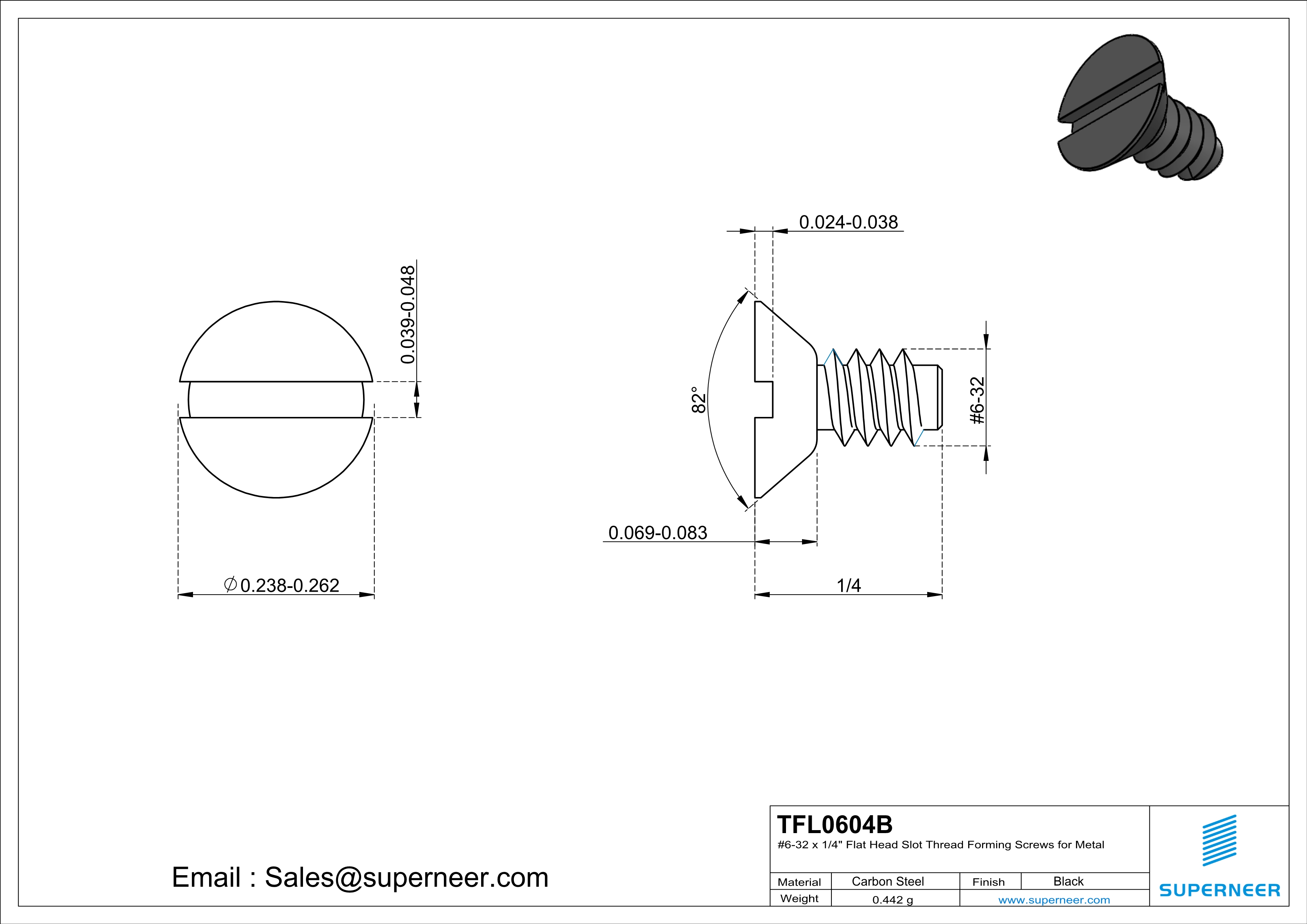 6-32 × 1/4 Flat Head Slot Thread Forming  Screws for Metal  Steel Black